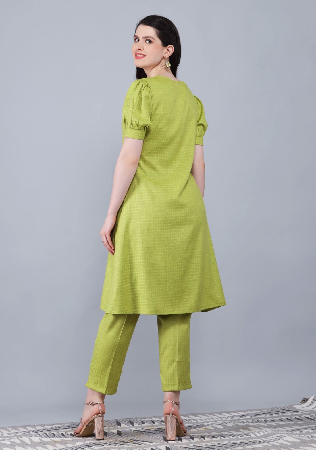 Lime Green Dobby Rayon A-Line Kurta Pant Co-Ord Set