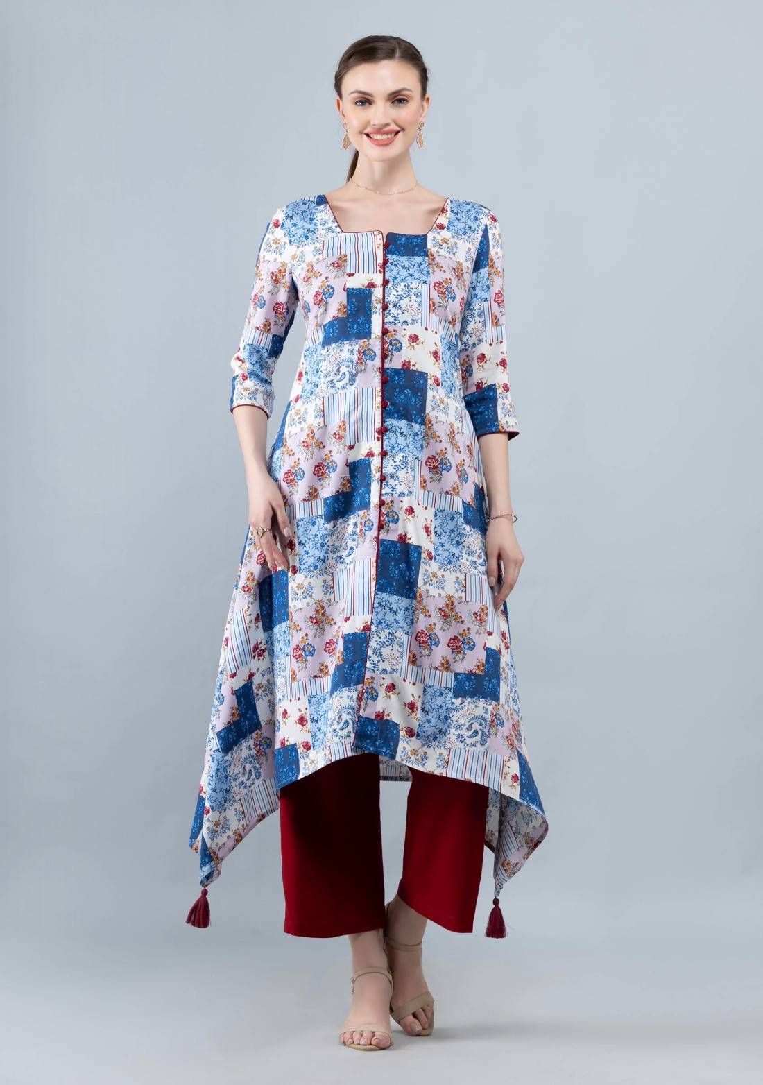 White & Blue Patch Printed Viscose Rayon Kurta