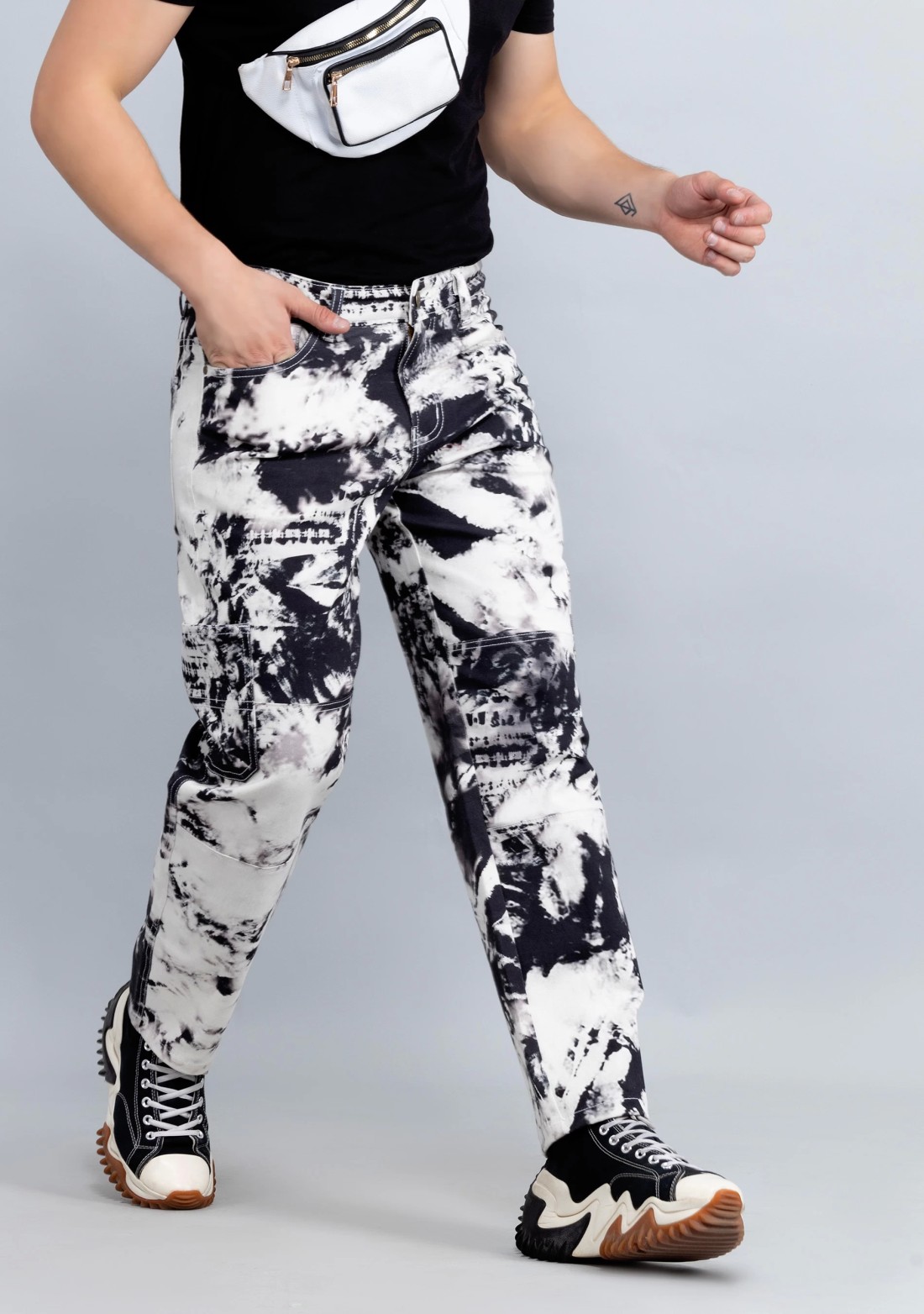 Black and White Digital Print Rhysley Men's Cotton Jeans