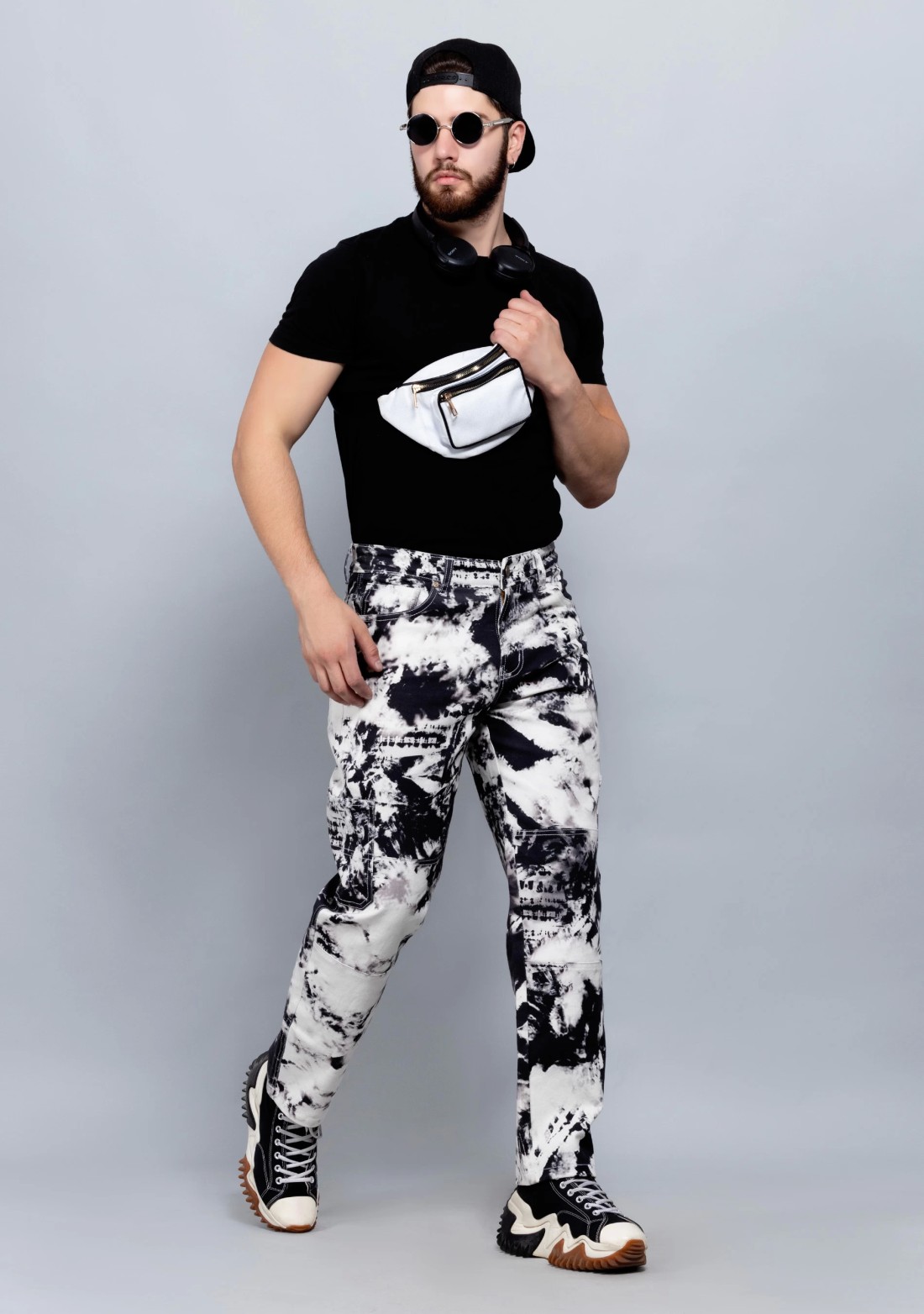 Black and White Digital Print Rhysley Men's Cotton Jeans