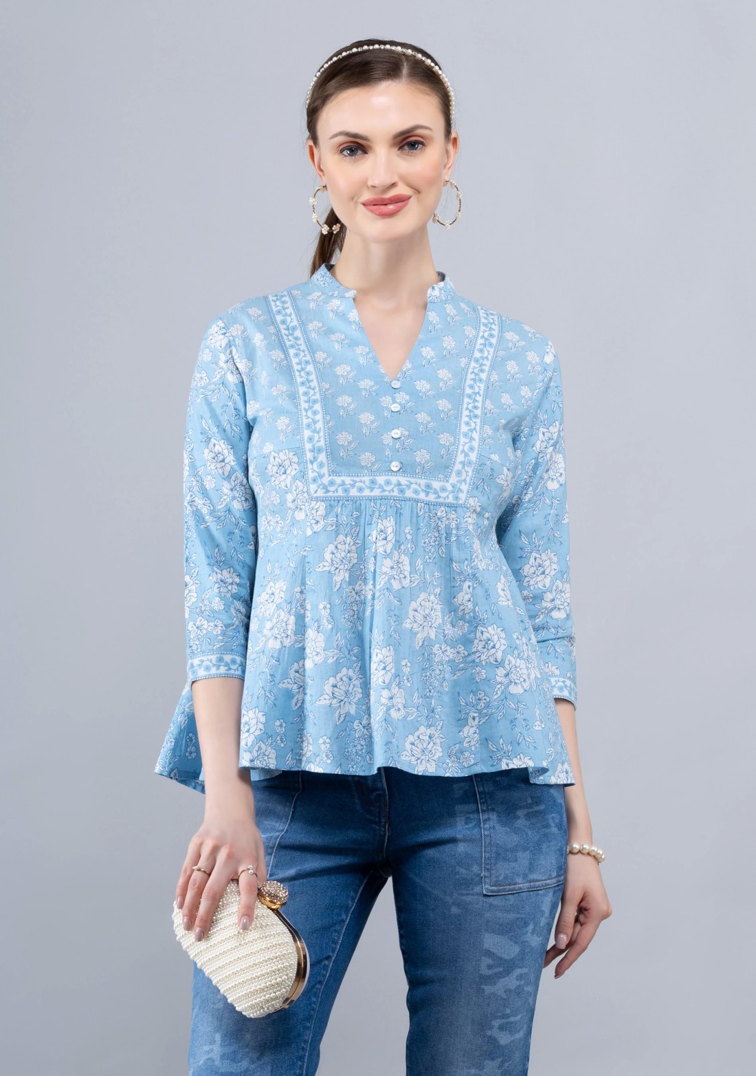 Floral Print Light Blue Cotton A-Line Top