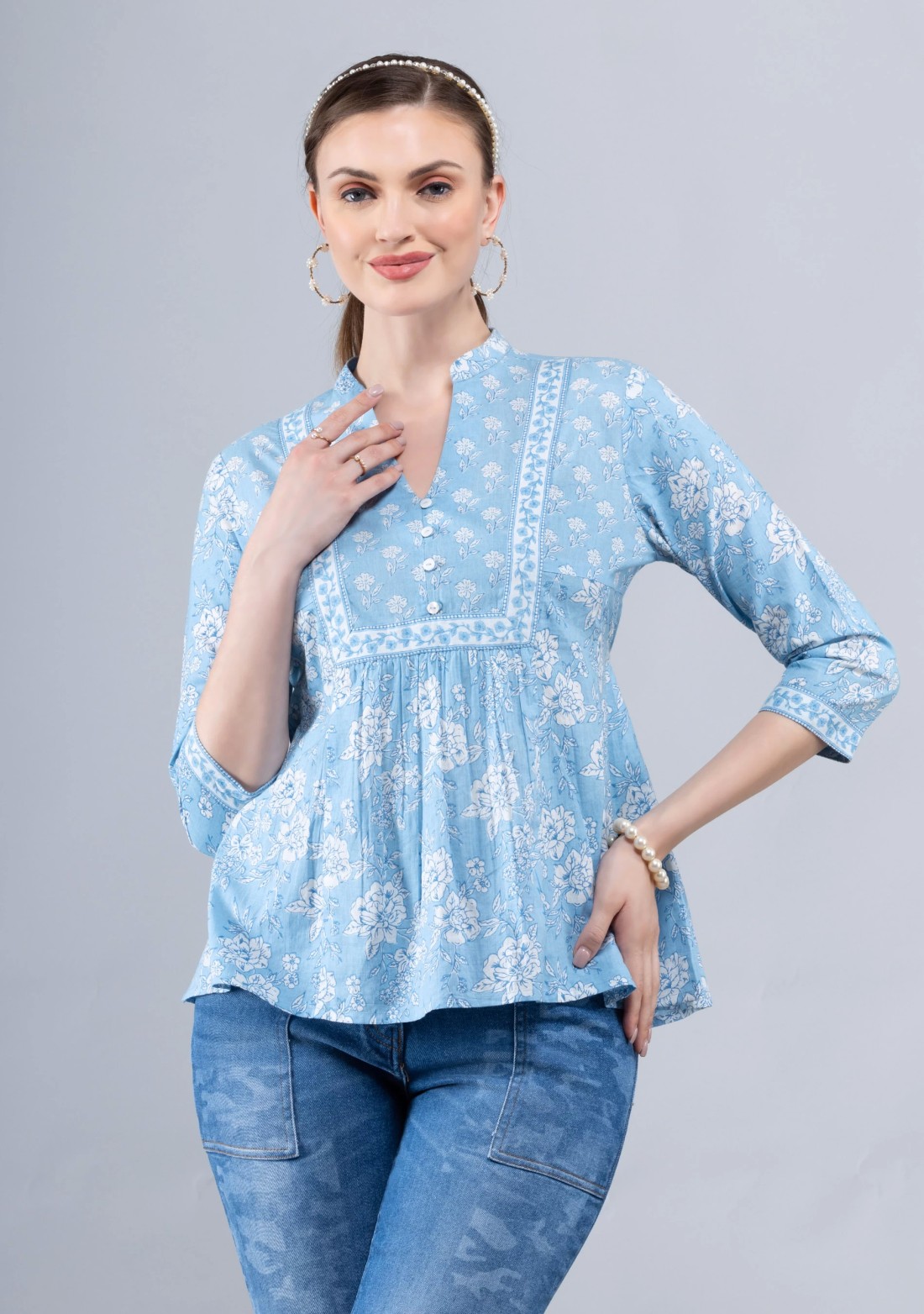 Floral Print Light Blue Cotton A-Line Top