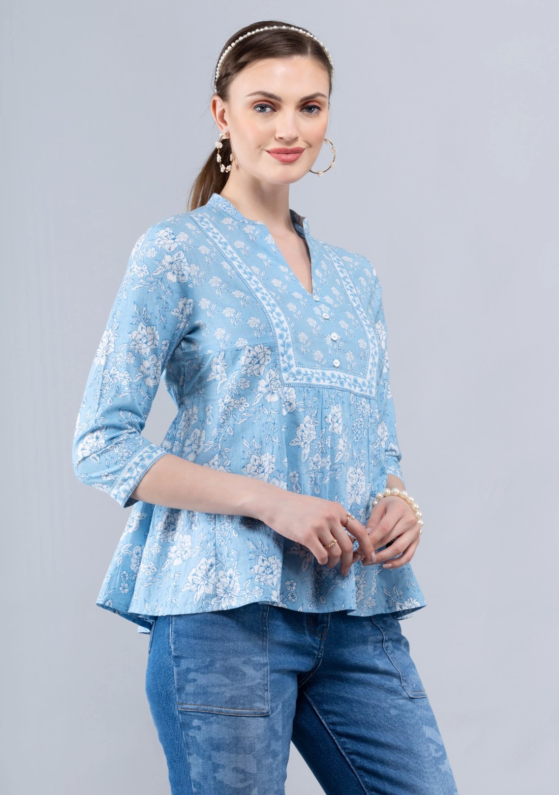 Floral Print Light Blue Cotton A-Line Top