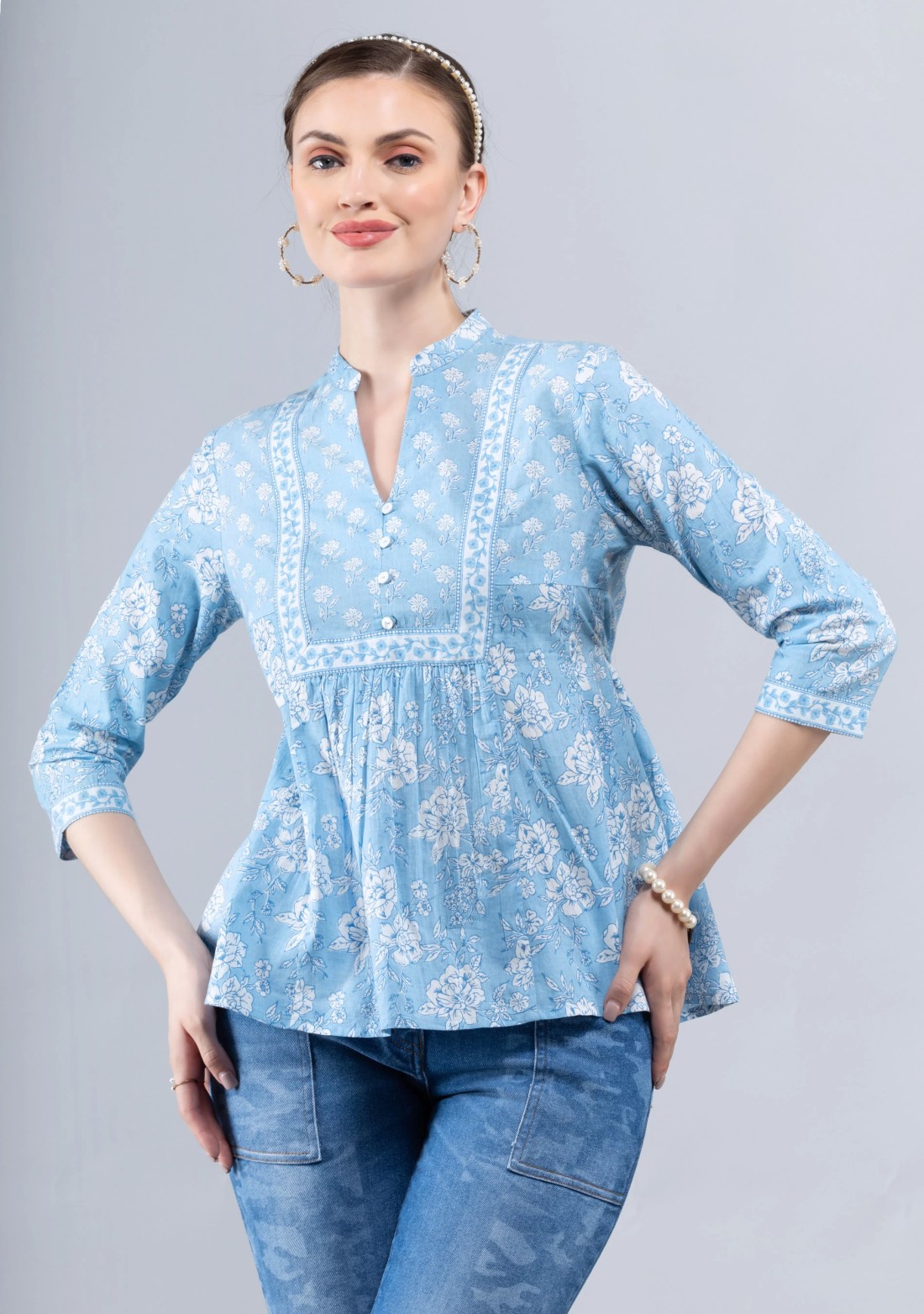 Floral Print Light Blue Cotton A-Line Top