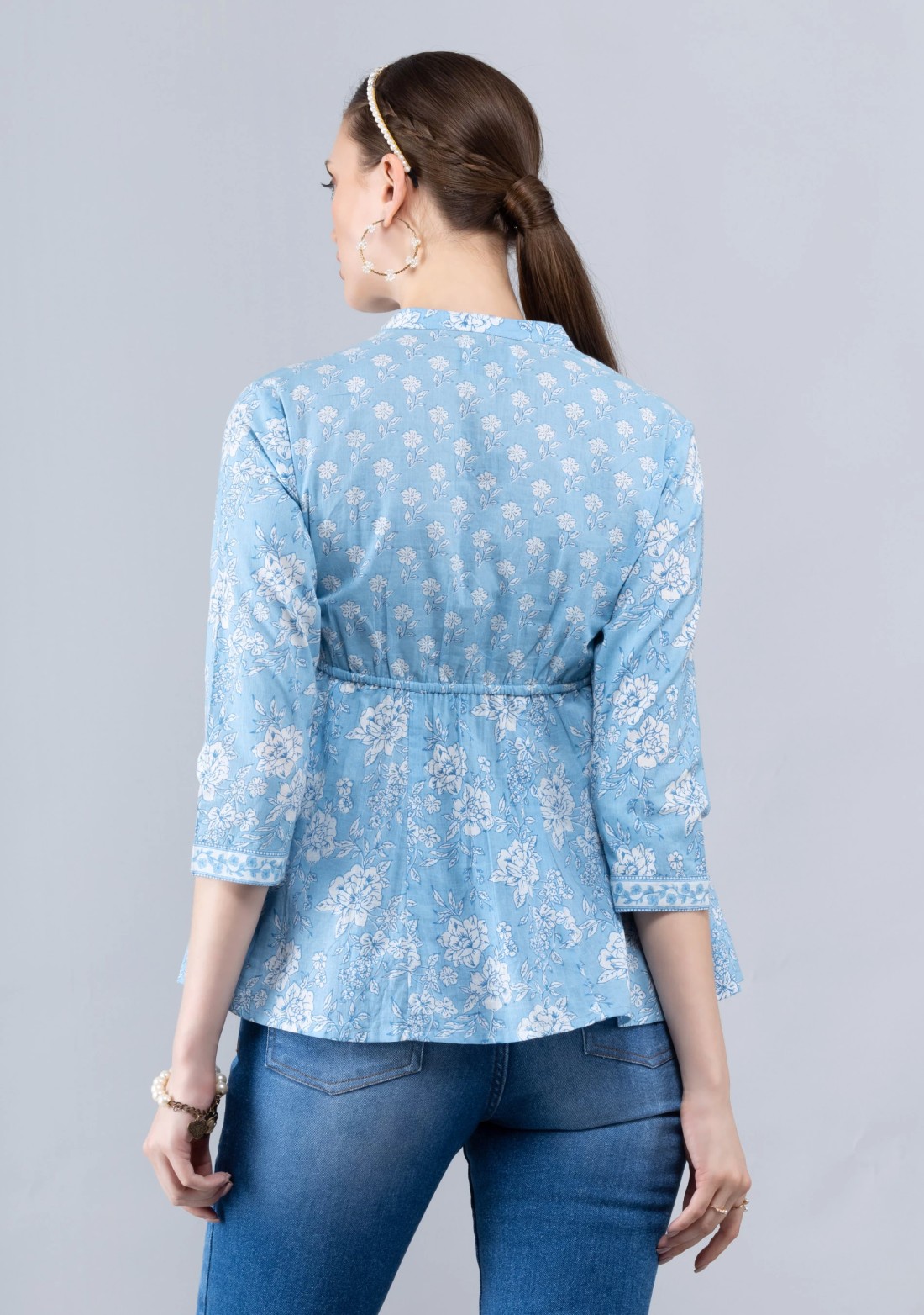 Floral Print Light Blue Cotton A-Line Top