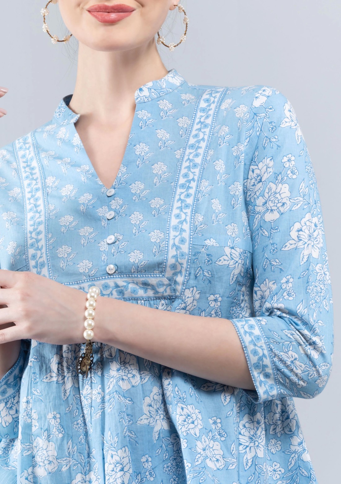 Floral Print Light Blue Cotton A-Line Top