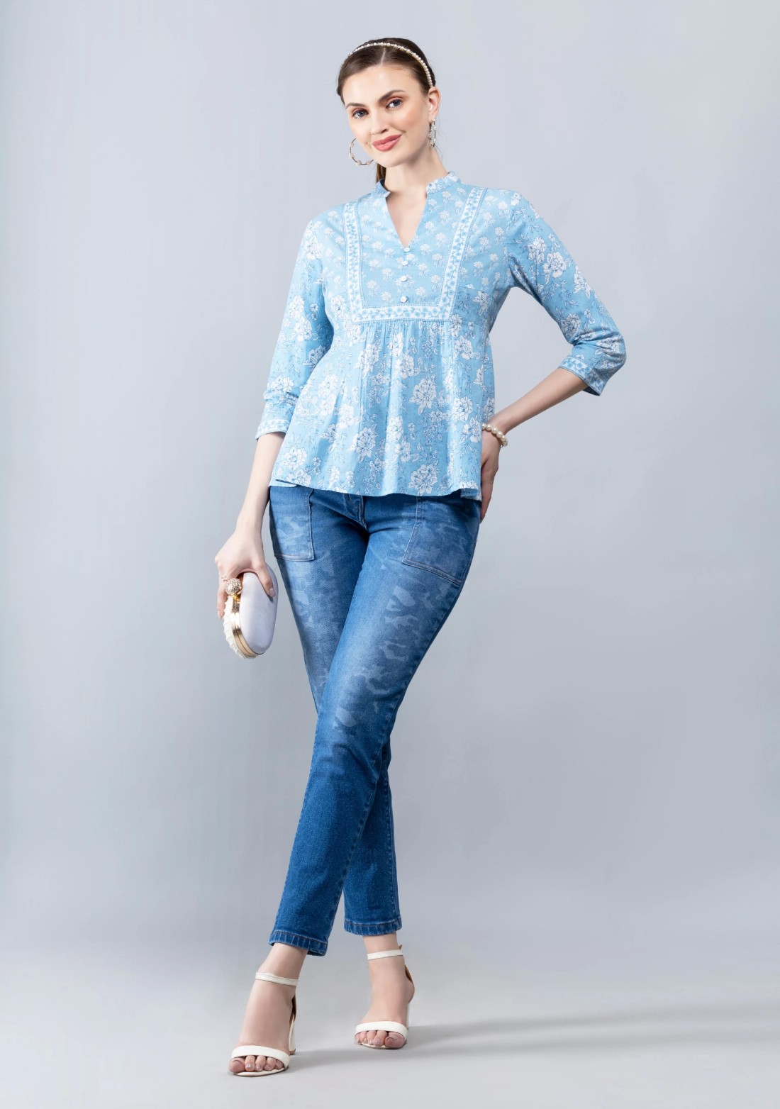 Floral Print Light Blue Cotton A-Line Top