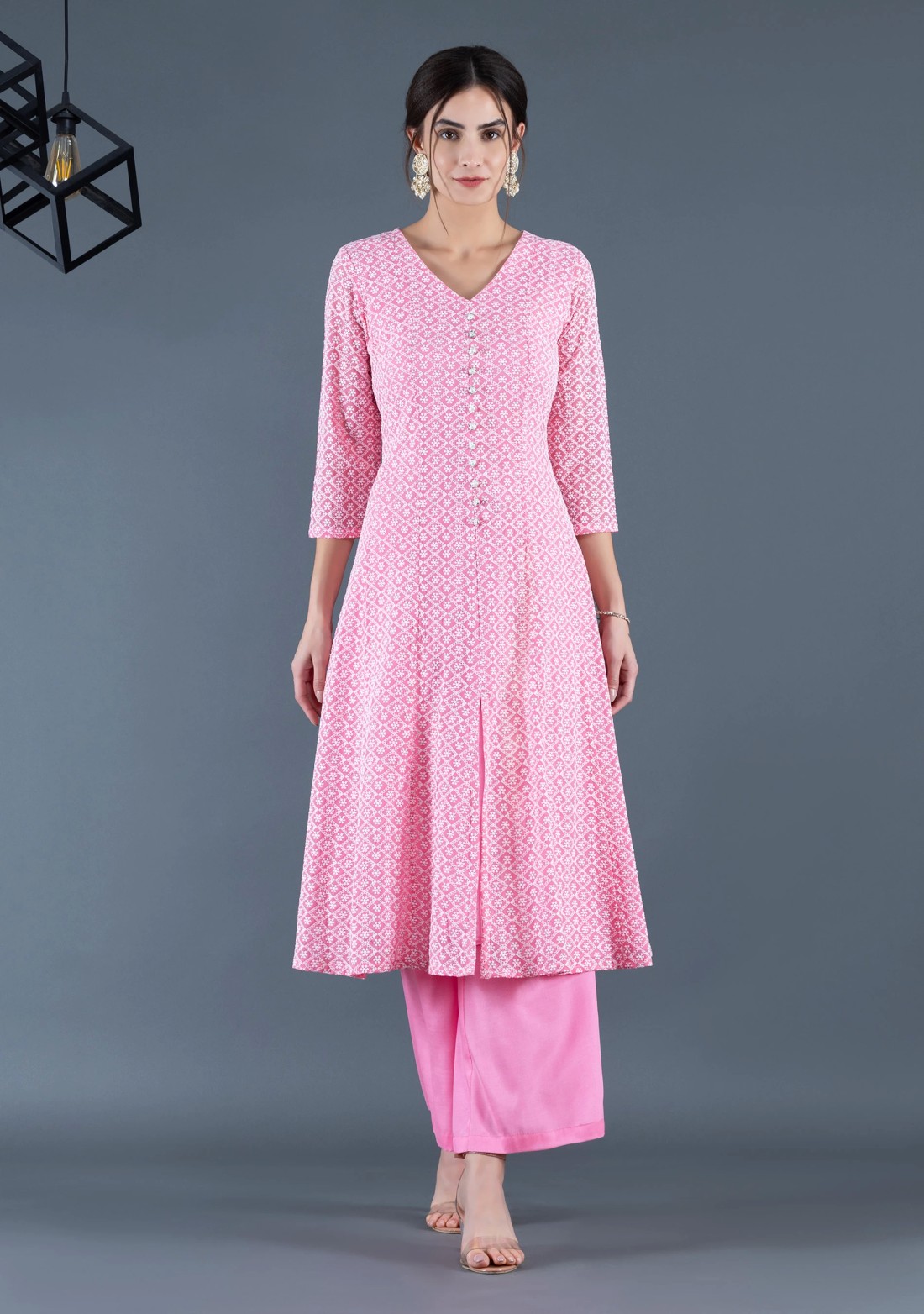 Pastel Pink  Schiffli Thread Embroidered Panelled Flared Kurta Palazzo & Dupatta Set