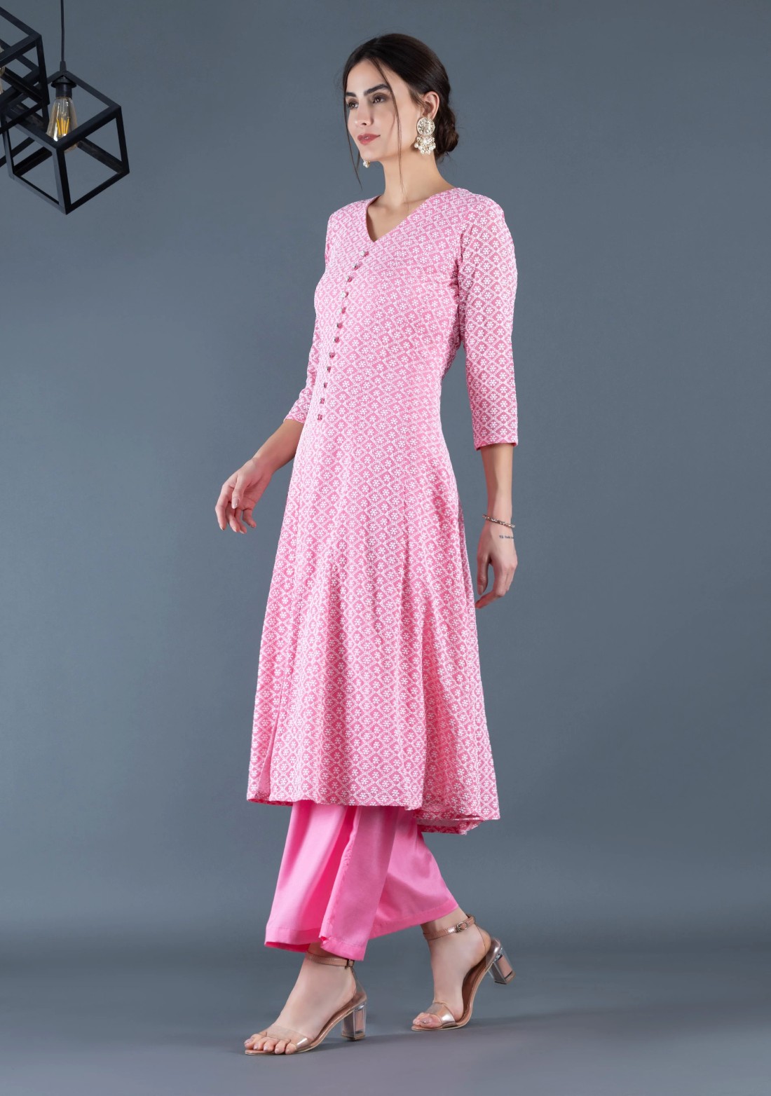 Pastel Pink  Schiffli Thread Embroidered Panelled Flared Kurta Palazzo & Dupatta Set