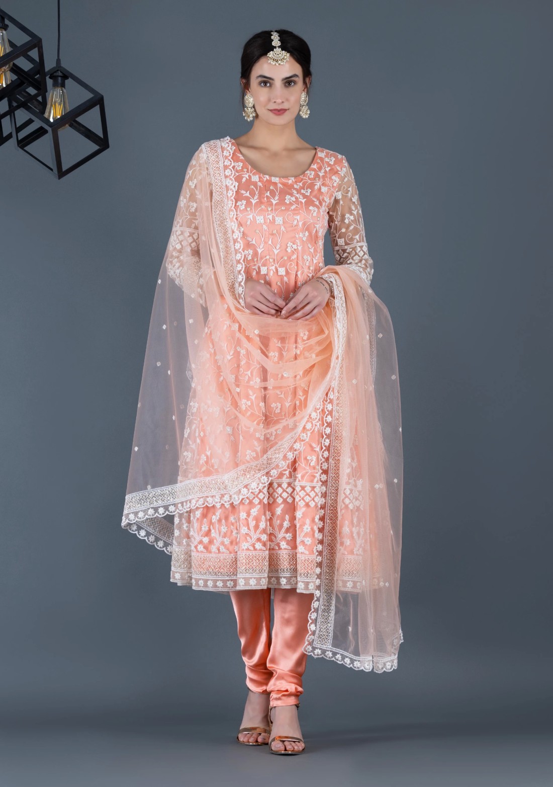 Peach Thread & Sequins Embroidered Anarkali Flared Kurta Churidar & Dupatta Set