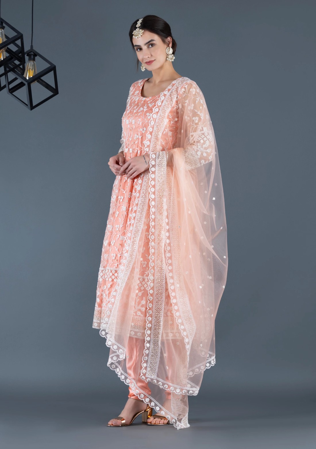 Peach Thread & Sequins Embroidered Anarkali Flared Kurta Churidar & Dupatta Set