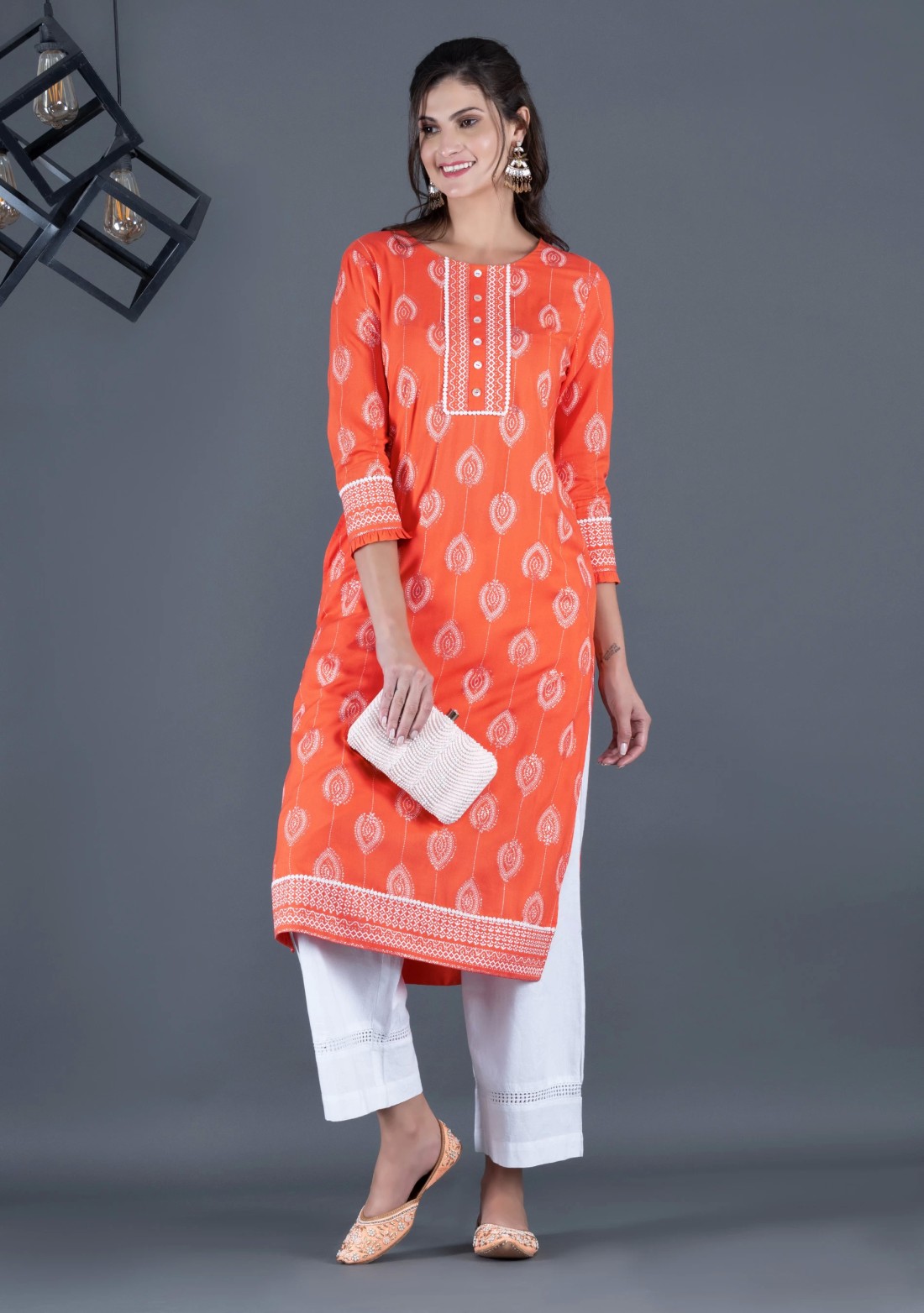 Peach Orange Khari Motif Printed Viscose Rayon Kurta