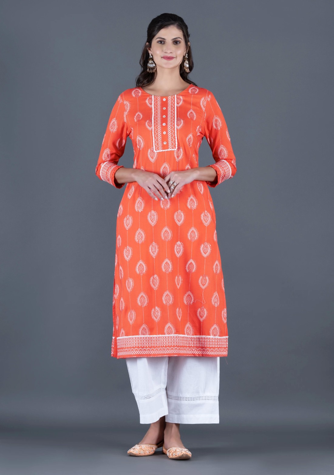 Peach Orange Khari Motif Printed Viscose Rayon Kurta