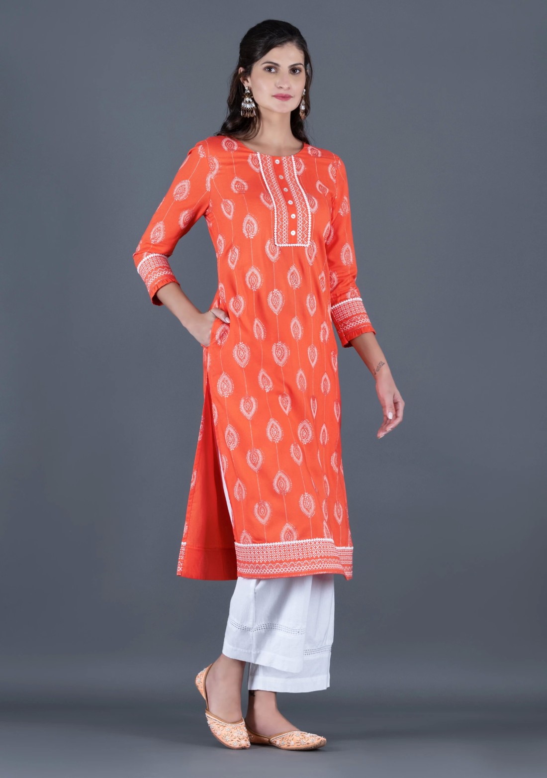 Peach Orange Khari Motif Printed Viscose Rayon Kurta