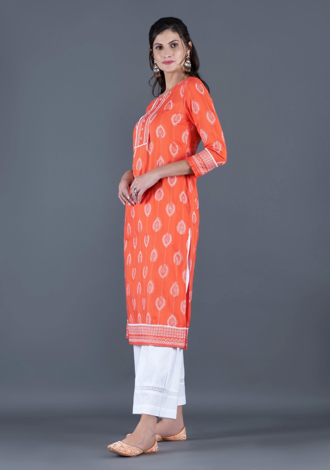 Peach Orange Khari Motif Printed Viscose Rayon Kurta