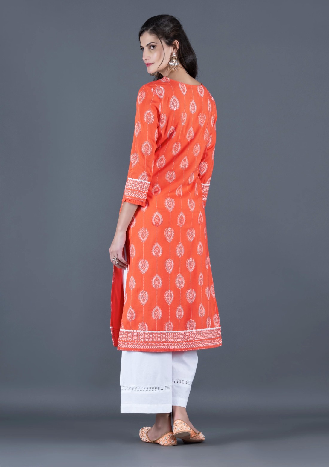 Peach Orange Khari Motif Printed Viscose Rayon Kurta