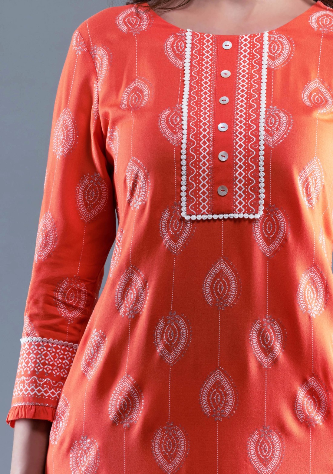 Peach Orange Khari Motif Printed Viscose Rayon Kurta