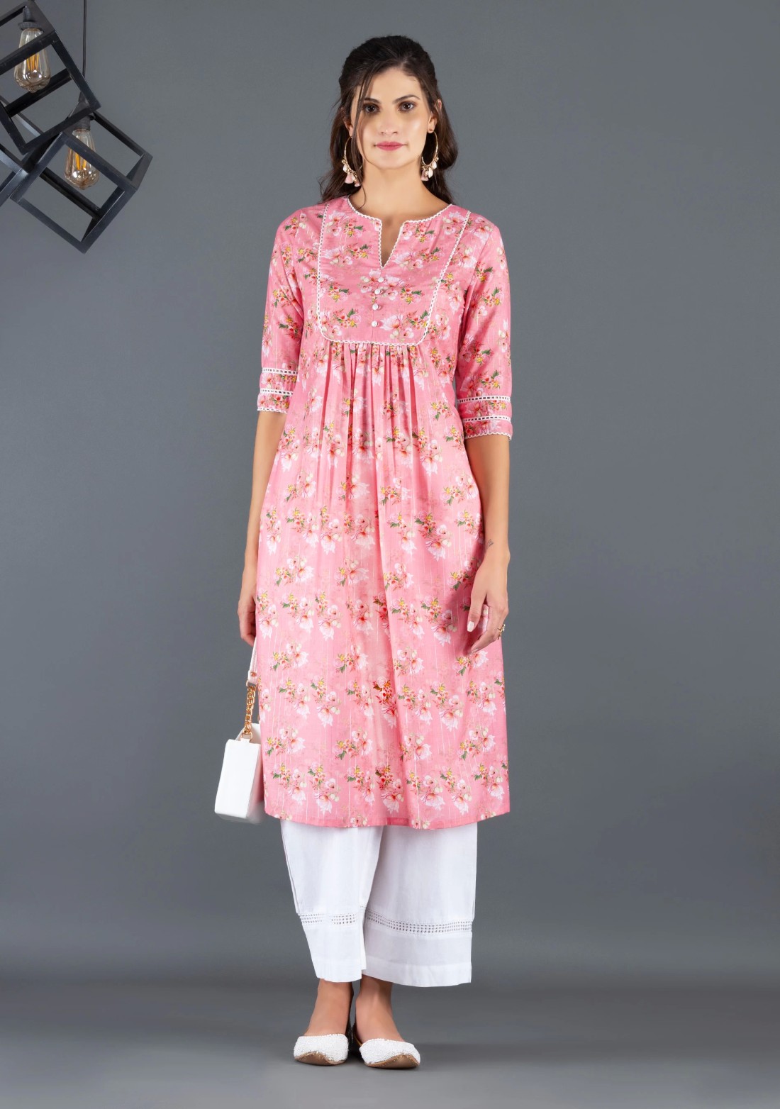 Coral Muslin With Lurex Weave Floral Printed Kurta