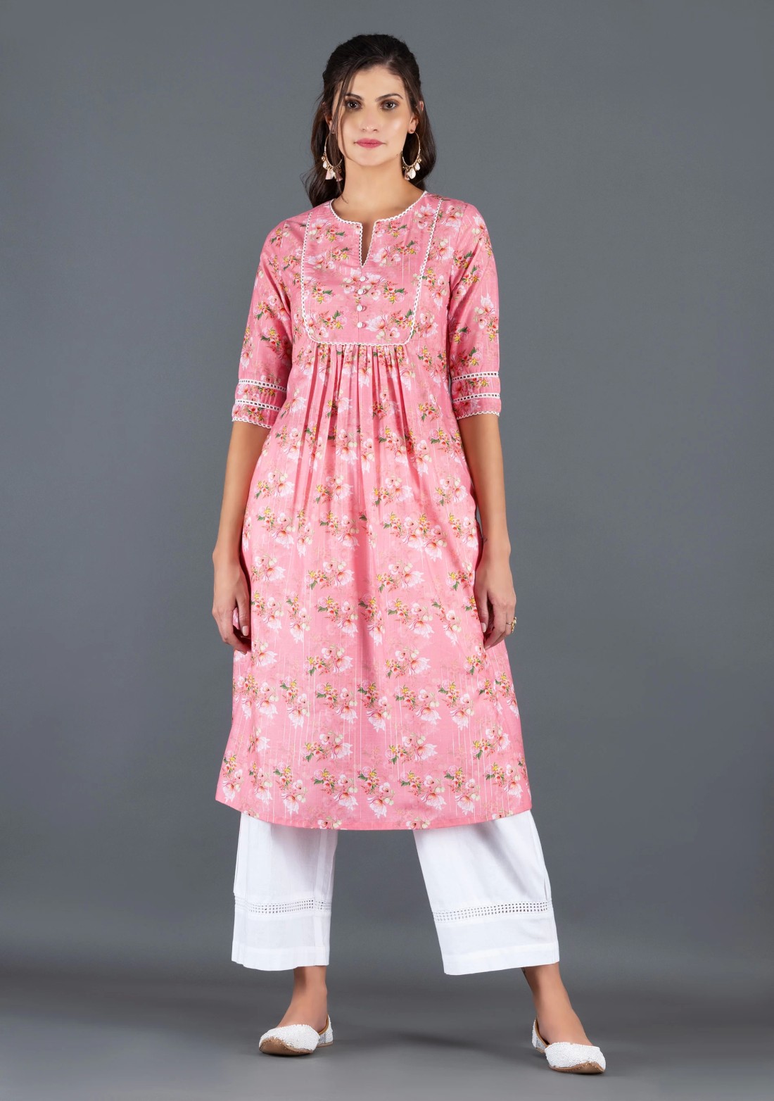 Coral Muslin With Lurex Weave Floral Printed Kurta