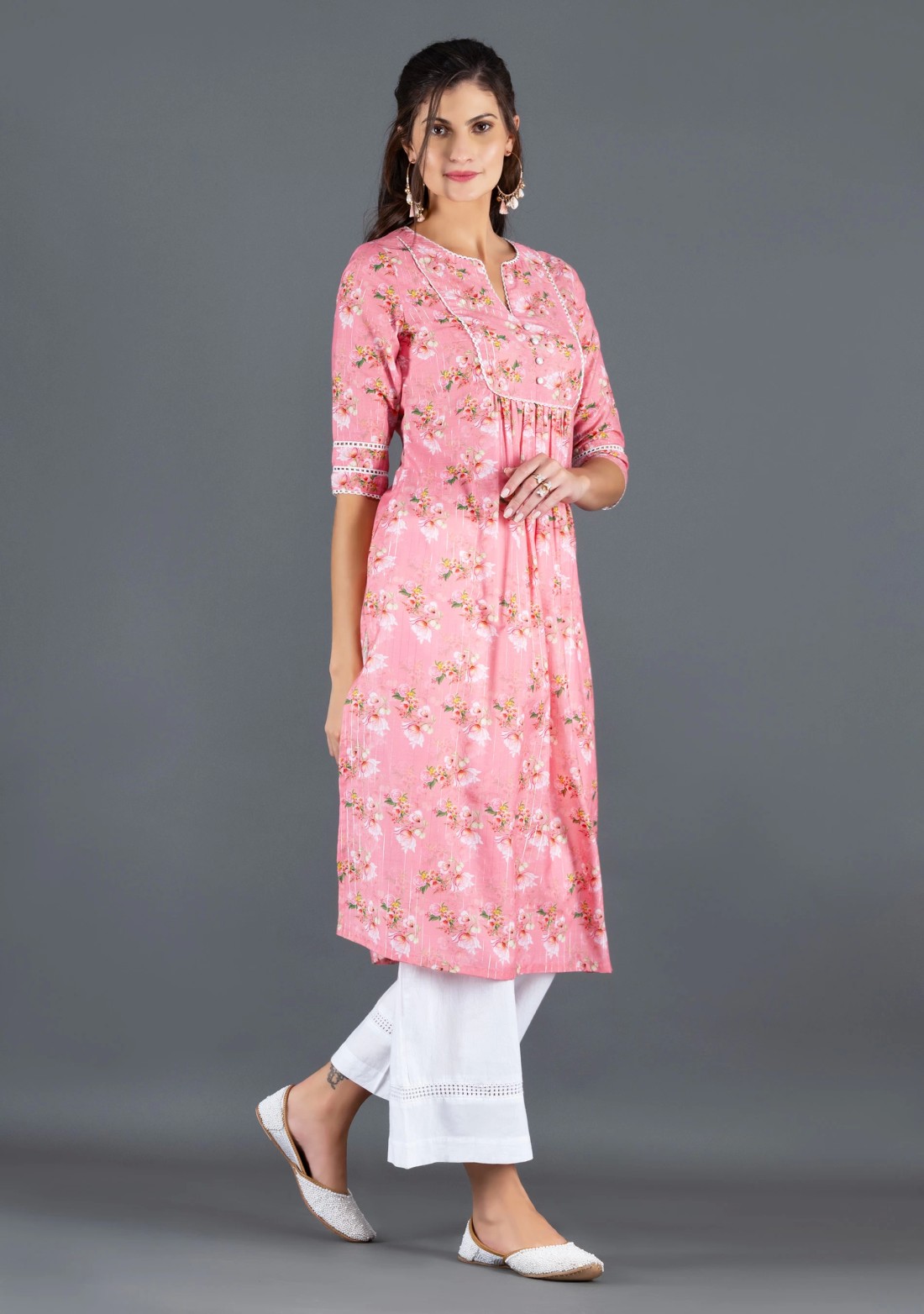 Coral Muslin With Lurex Weave Floral Printed Kurta