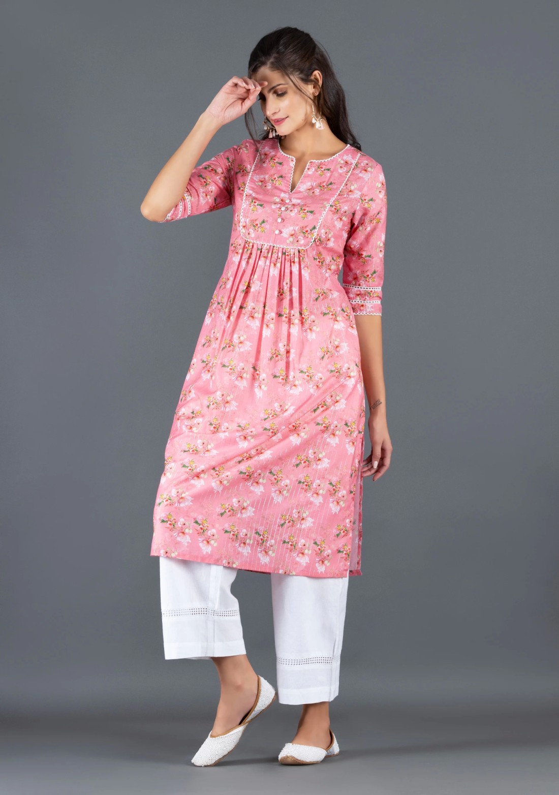 Coral Muslin With Lurex Weave Floral Printed Kurta