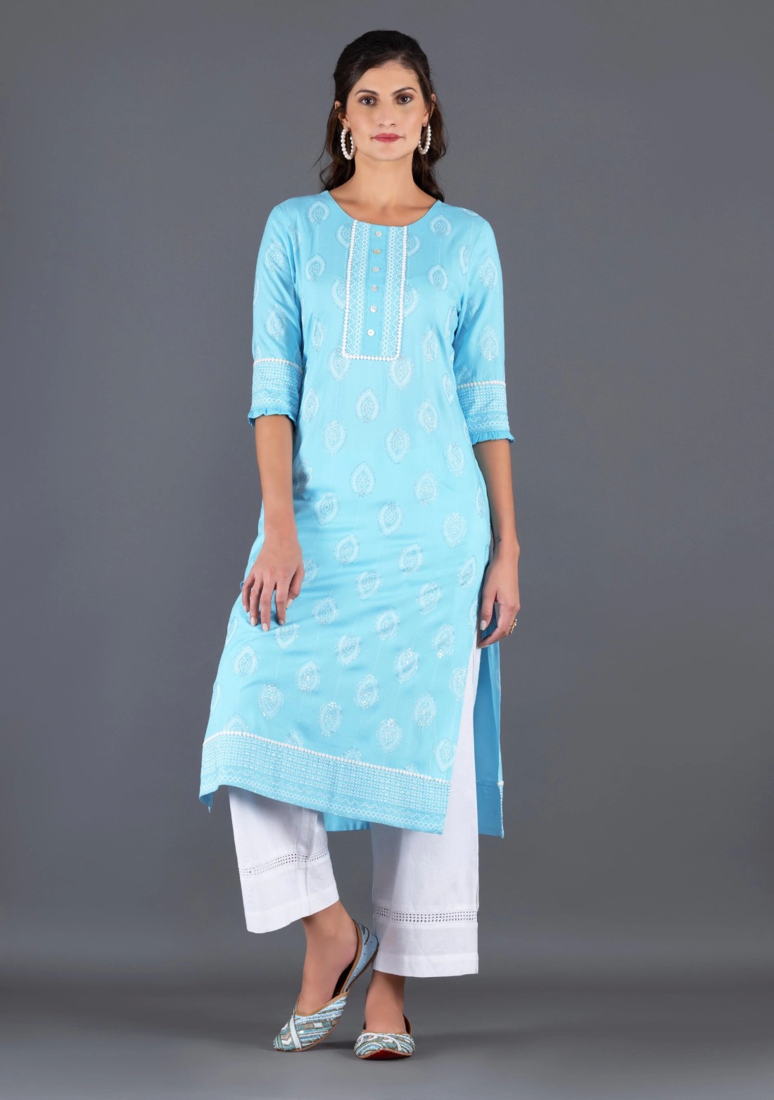 Sky Blue Khari Motif Printed Viscose Rayon Kurta