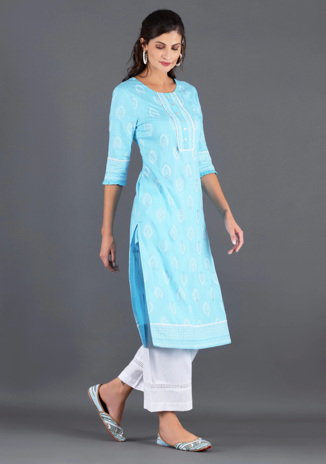 Sky Blue Khari Motif Printed Viscose Rayon Kurta