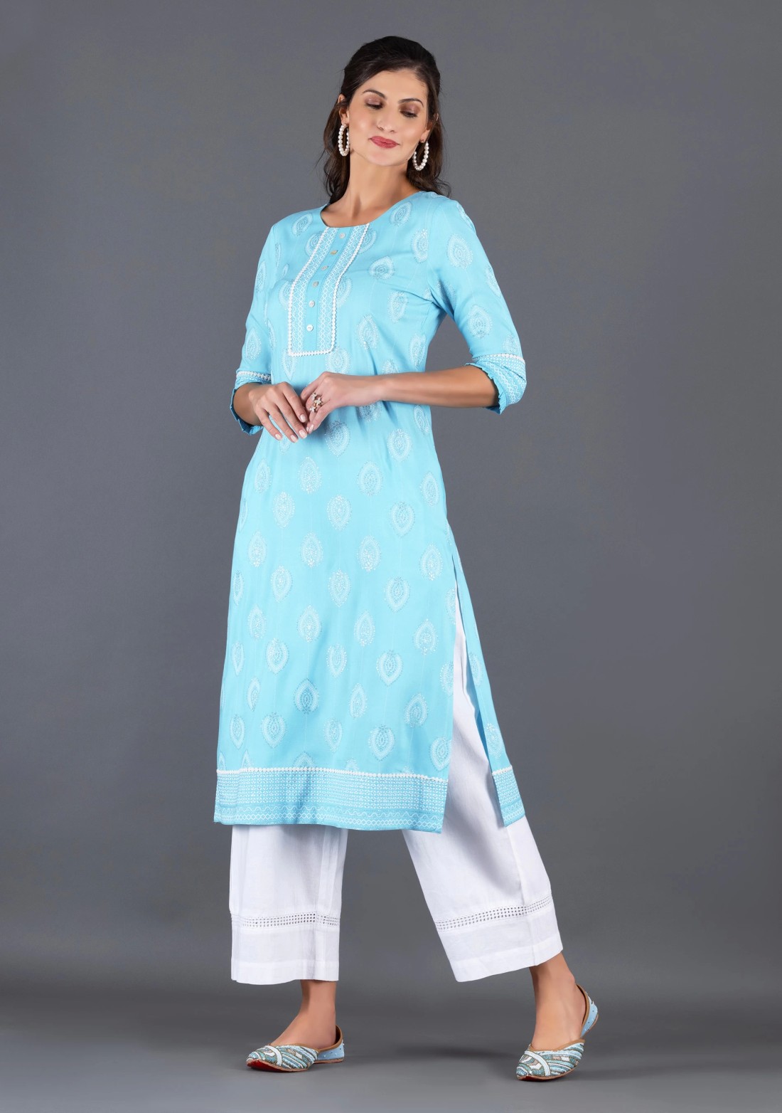 Sky Blue Khari Motif Printed Viscose Rayon Kurta