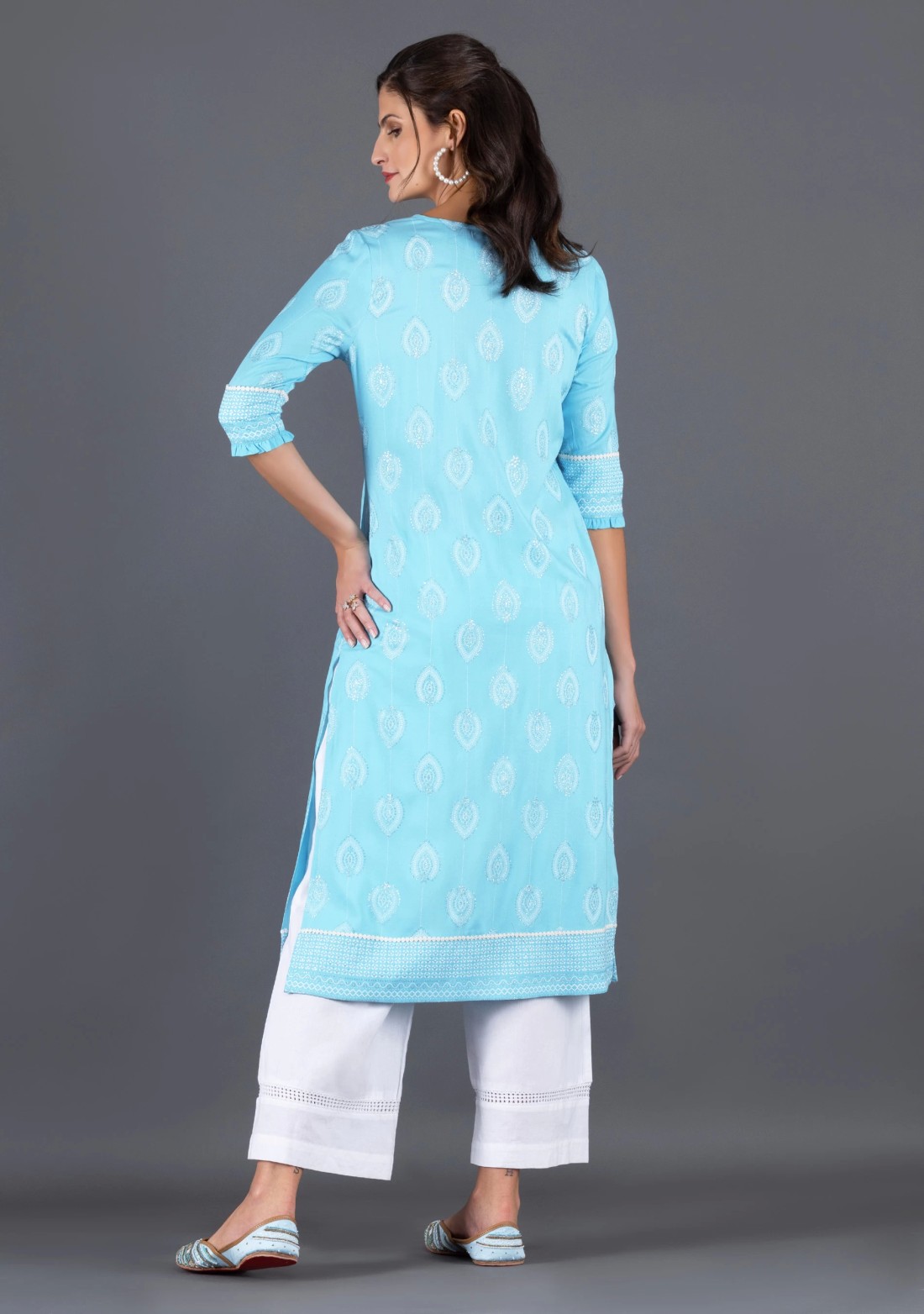 Sky Blue Khari Motif Printed Viscose Rayon Kurta