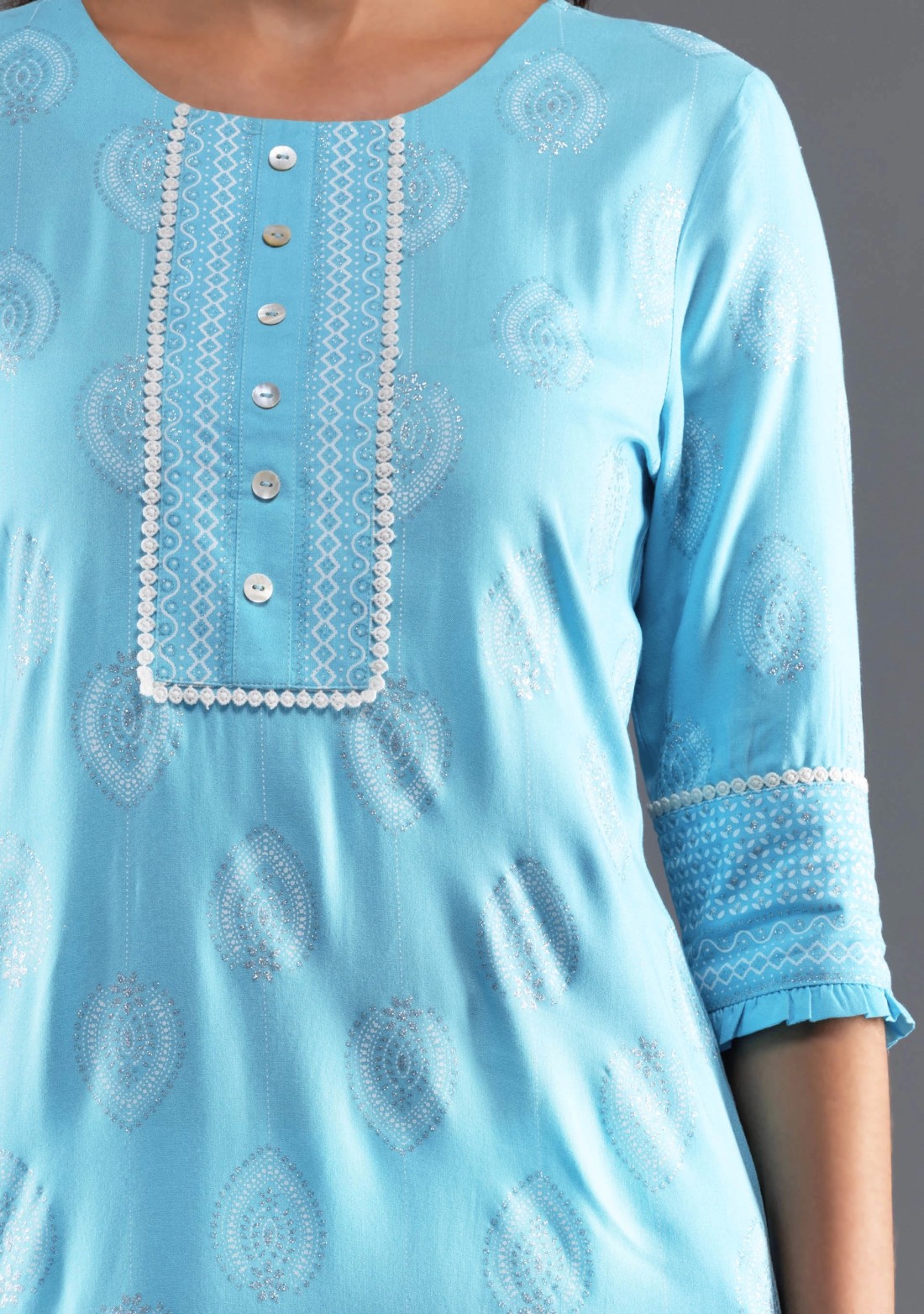 Sky Blue Khari Motif Printed Viscose Rayon Kurta