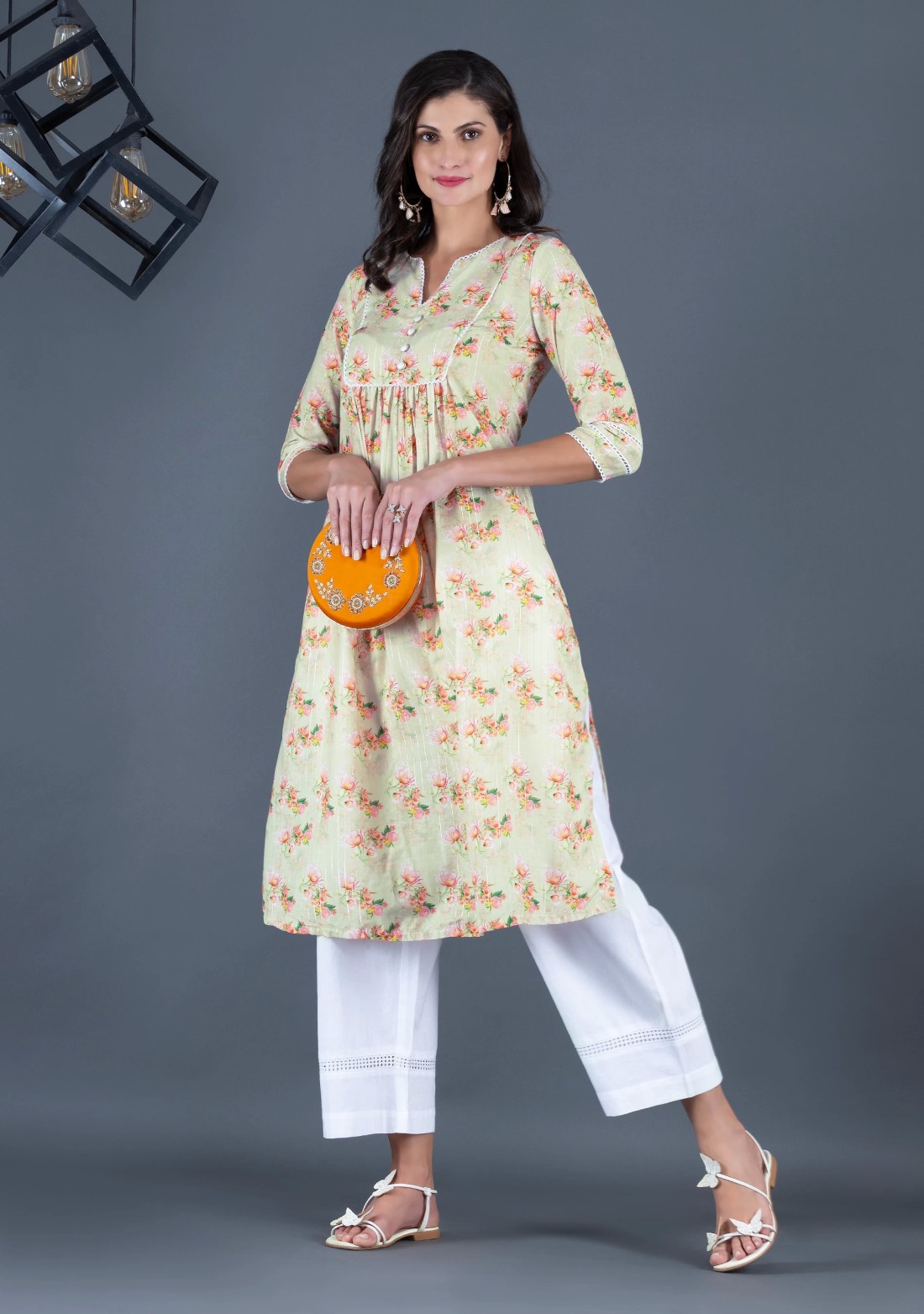 Beige Muslin With Lurex Weave Water Colour Floral Printed Kurta