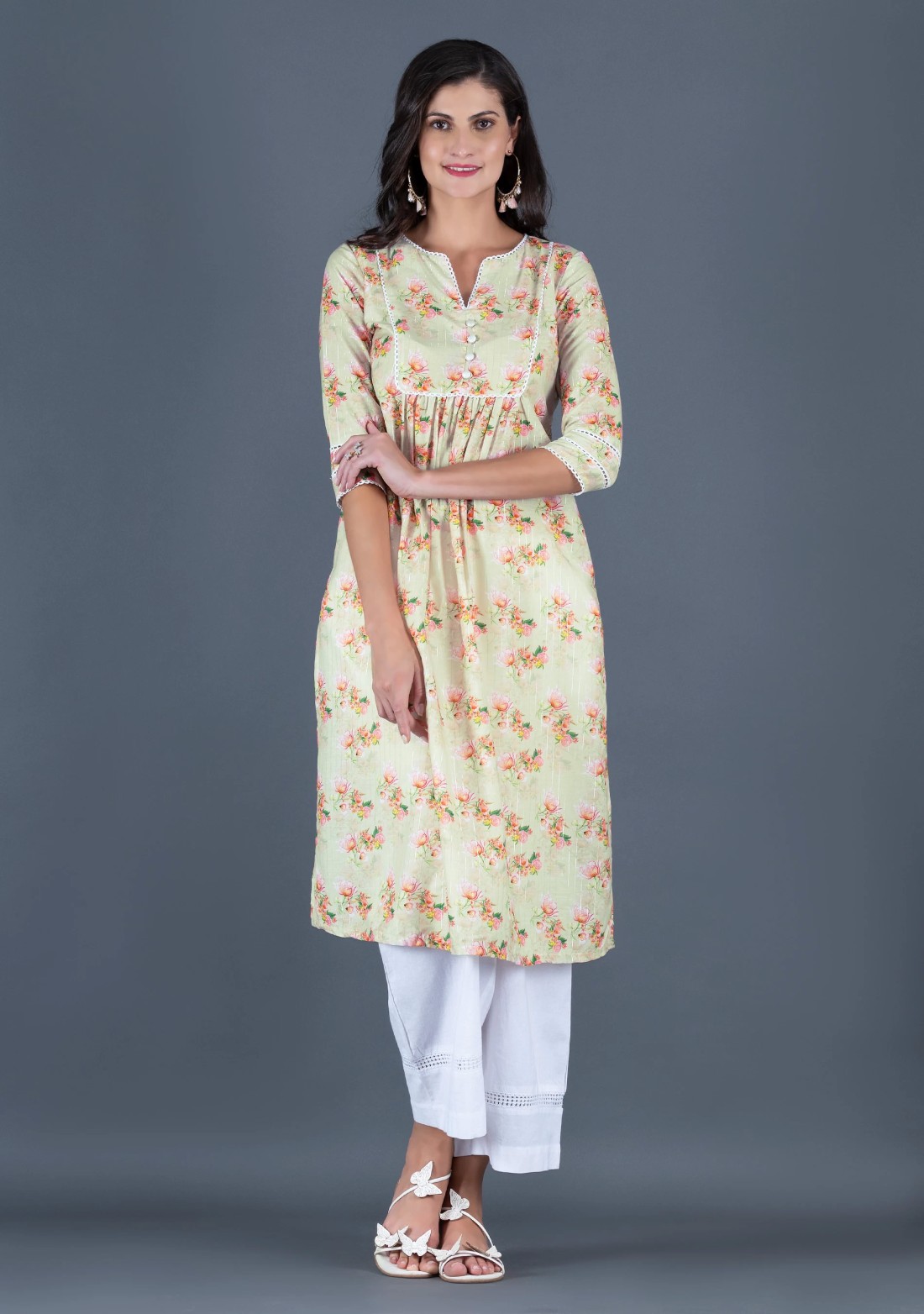 Beige Muslin With Lurex Weave Water Colour Floral Printed Kurta