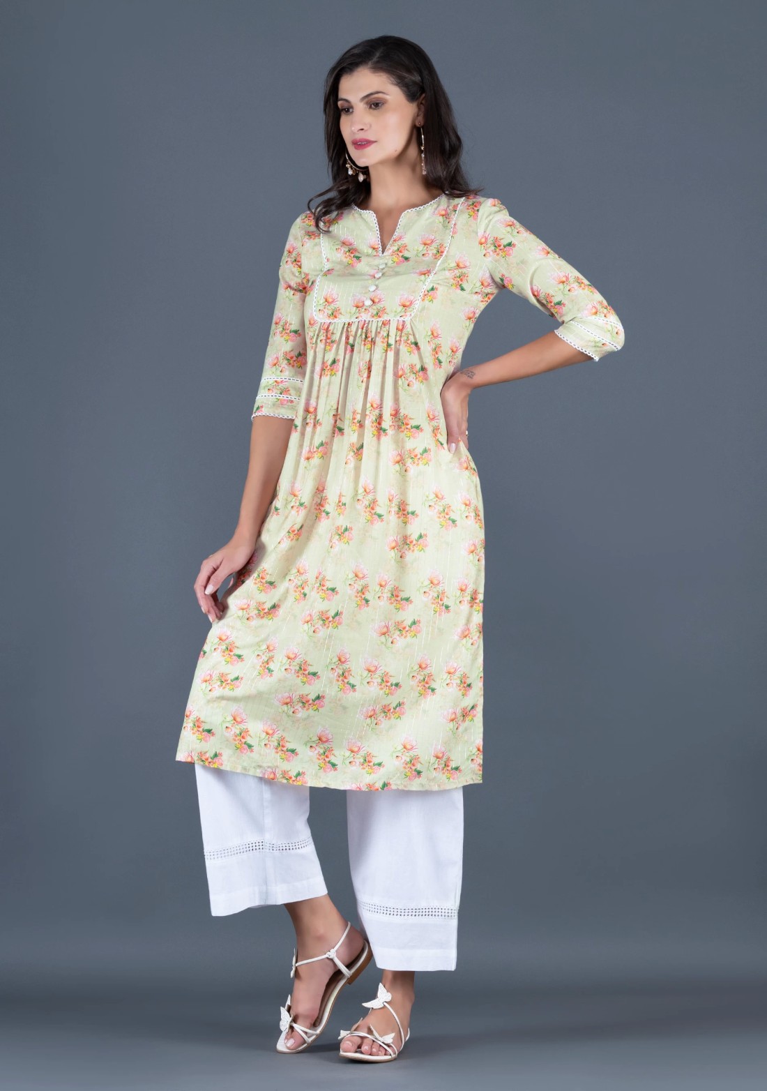 Beige Muslin With Lurex Weave Water Colour Floral Printed Kurta