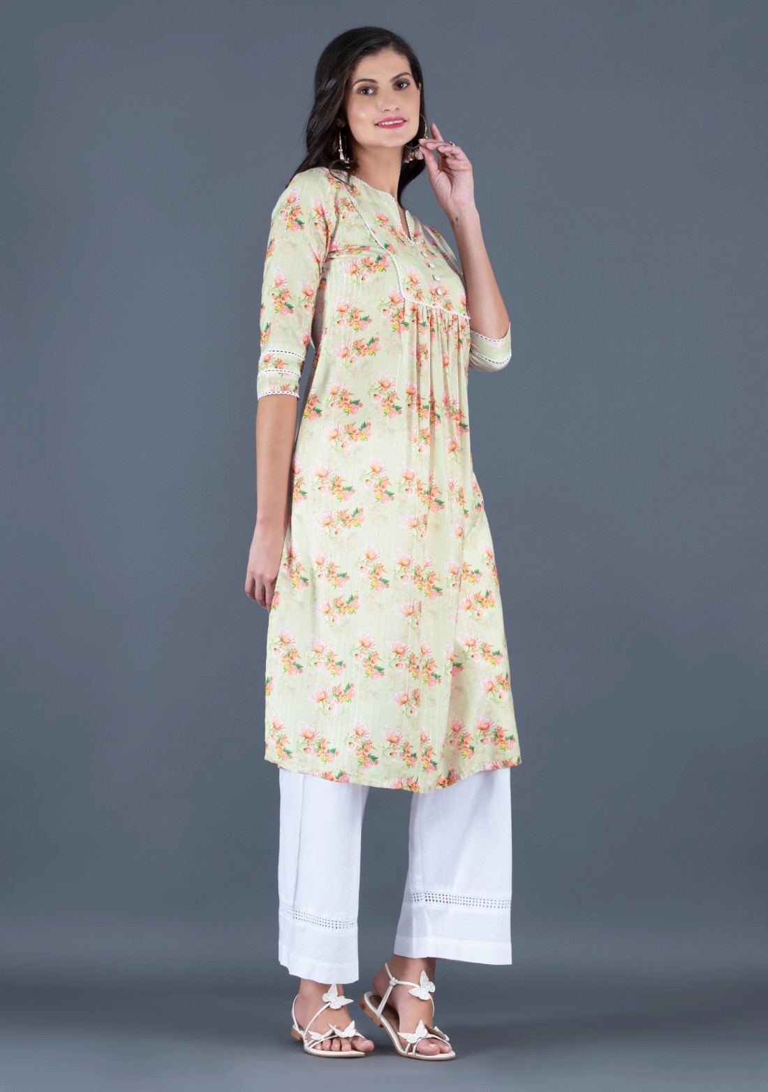 Beige Muslin With Lurex Weave Water Colour Floral Printed Kurta