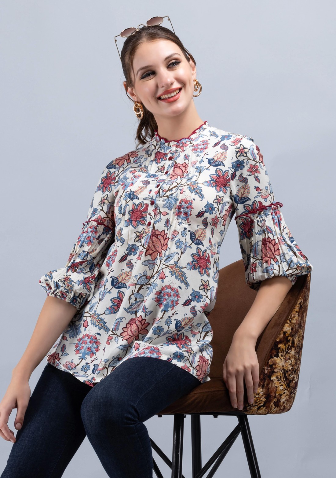 Multi-Colour Oriental Floral Print Off-White Rayon Tunic Top