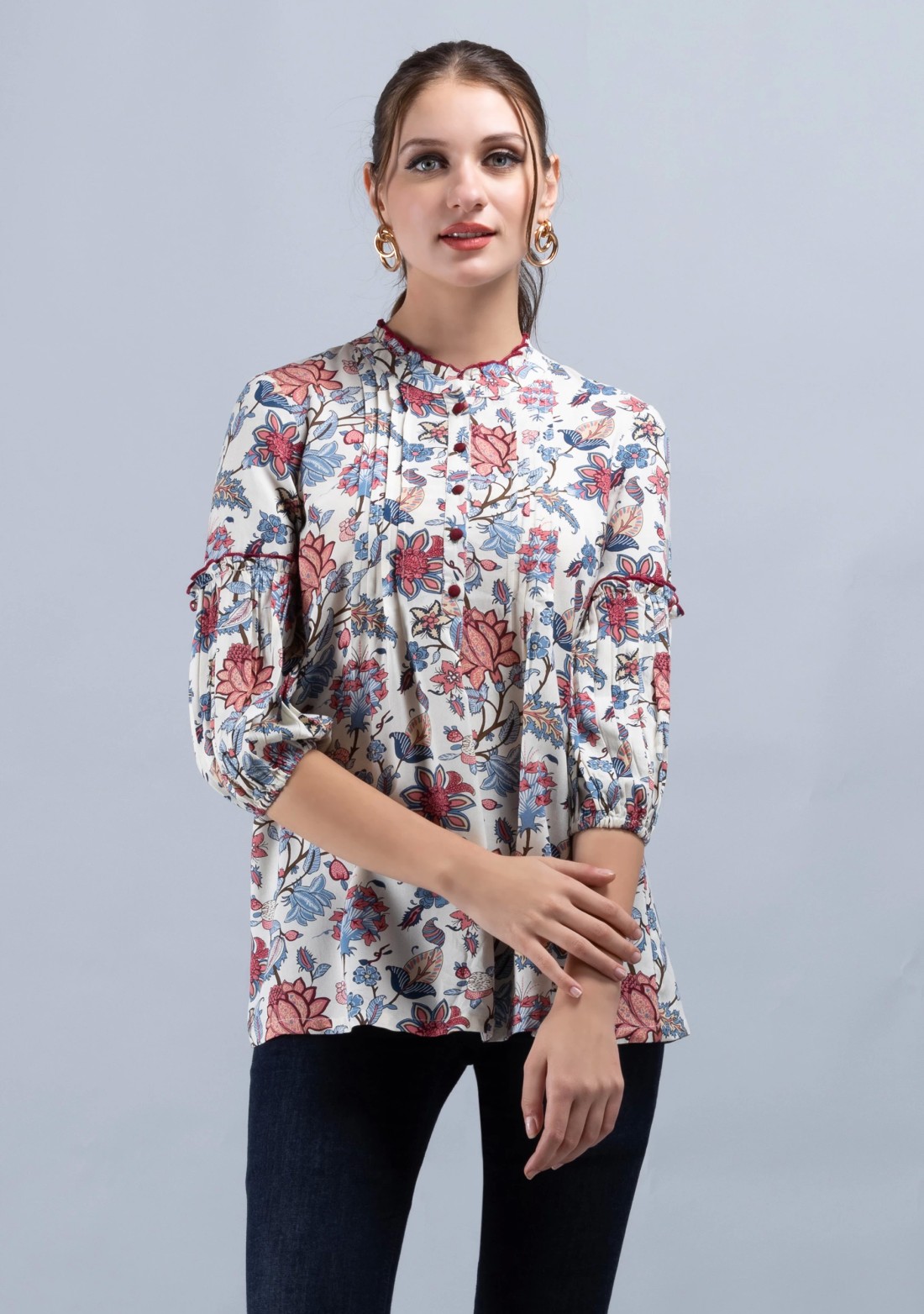 Multi-Colour Oriental Floral Print Off-White Rayon Tunic Top