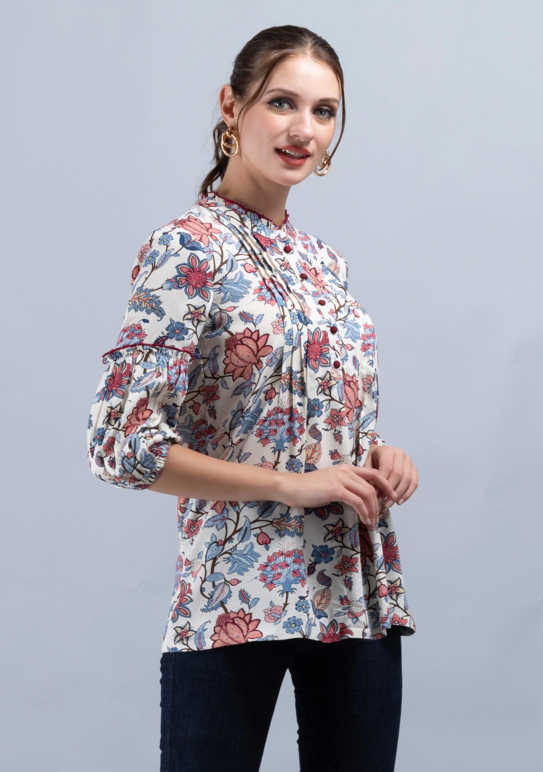 Multi-Colour Oriental Floral Print Off-White Rayon Tunic Top