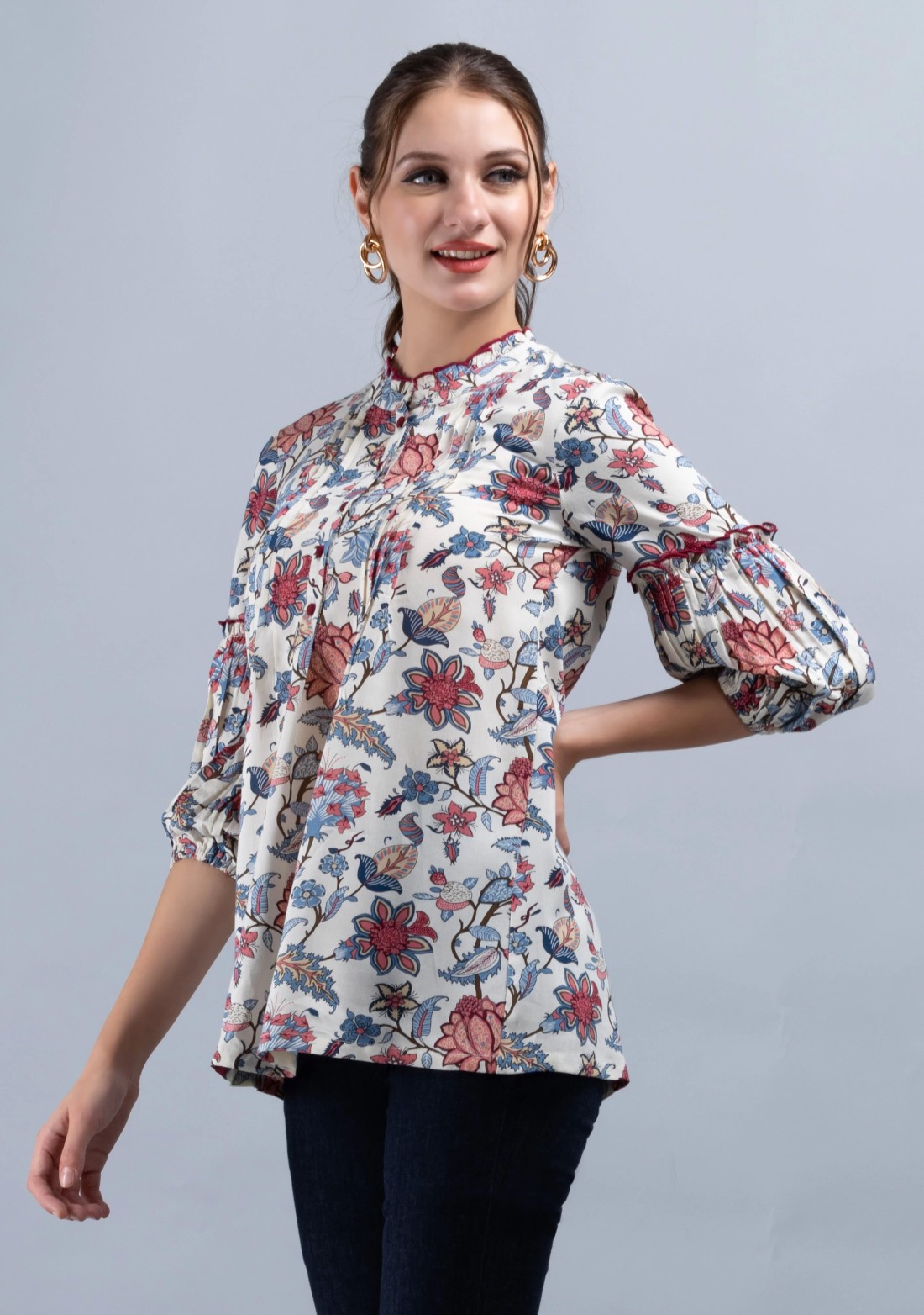 Multi-Colour Oriental Floral Print Off-White Rayon Tunic Top