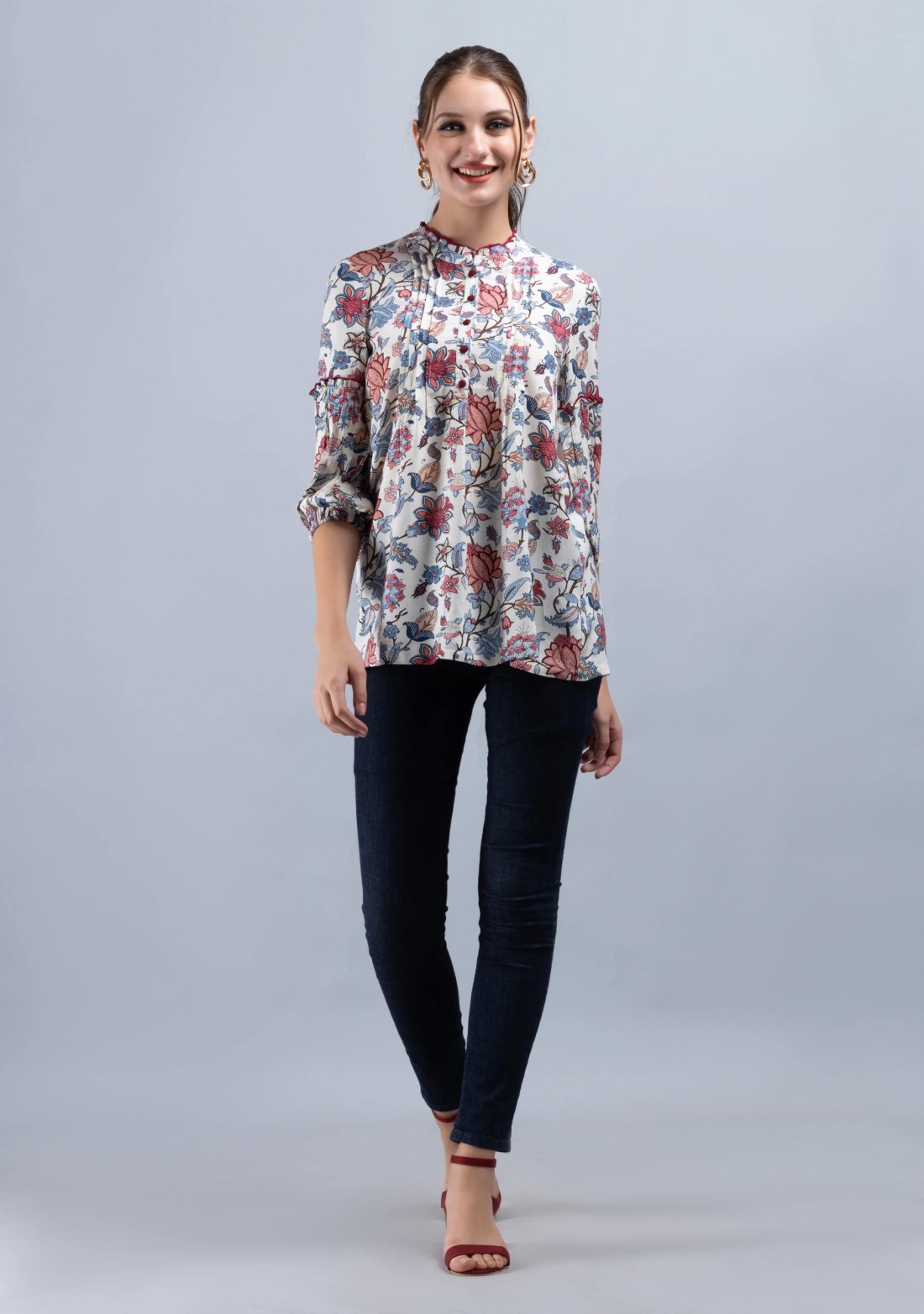 Multi-Colour Oriental Floral Print Off-White Rayon Tunic Top