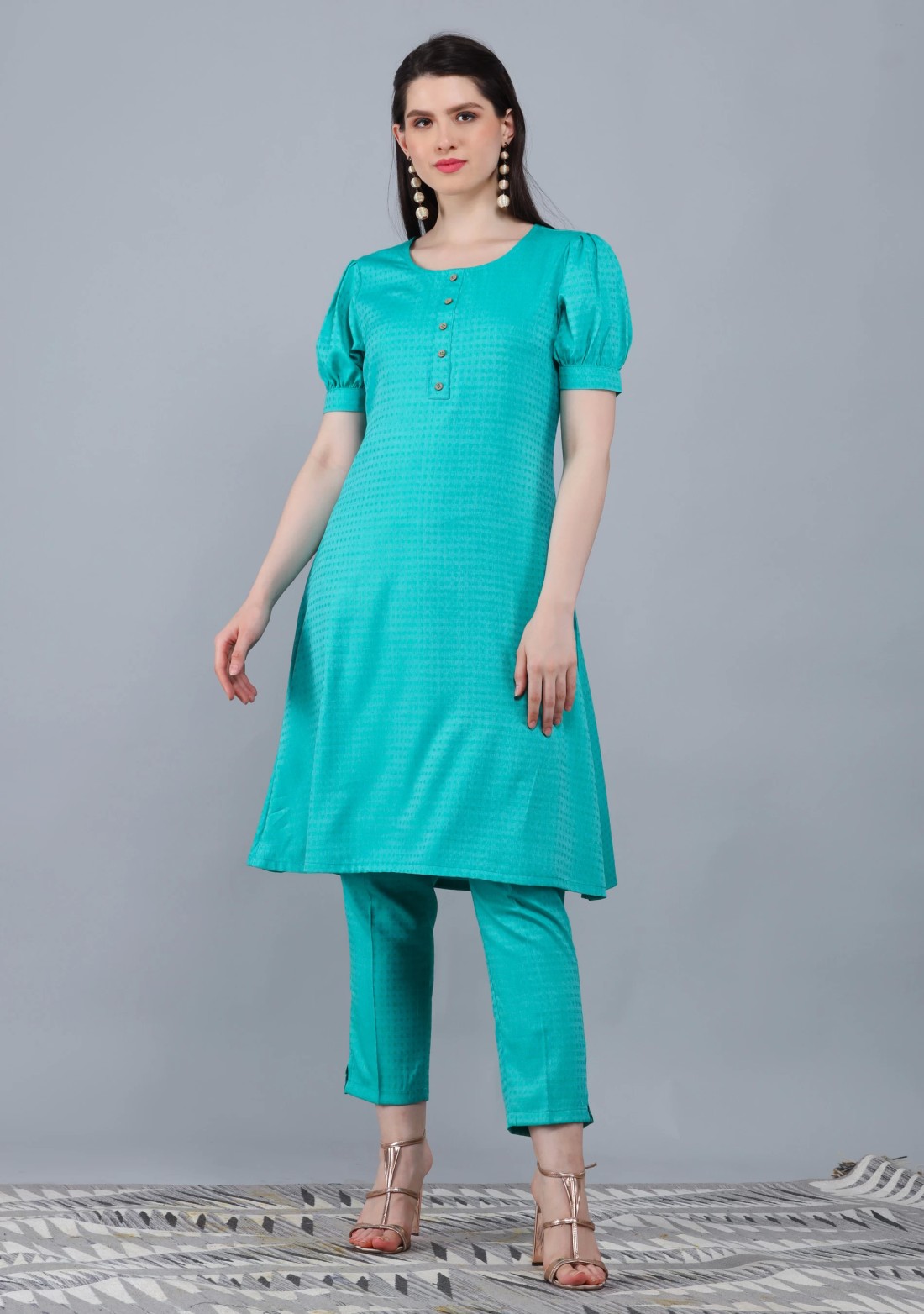 Turquoise Dobby Rayon A-Line Kurta Pant Co-Ord Set