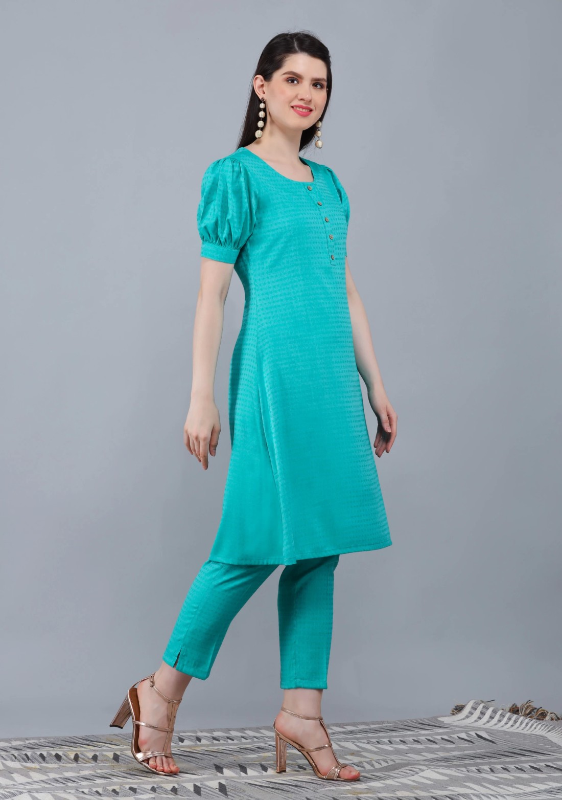 Turquoise Dobby Rayon A-Line Kurta Pant Co-Ord Set