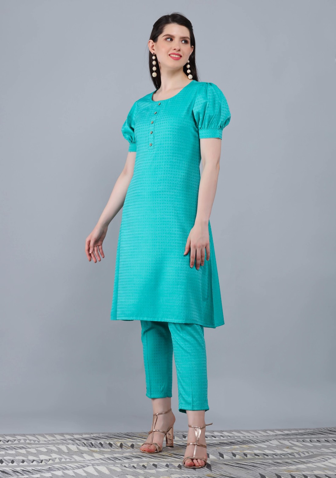 Turquoise Dobby Rayon A-Line Kurta Pant Co-Ord Set