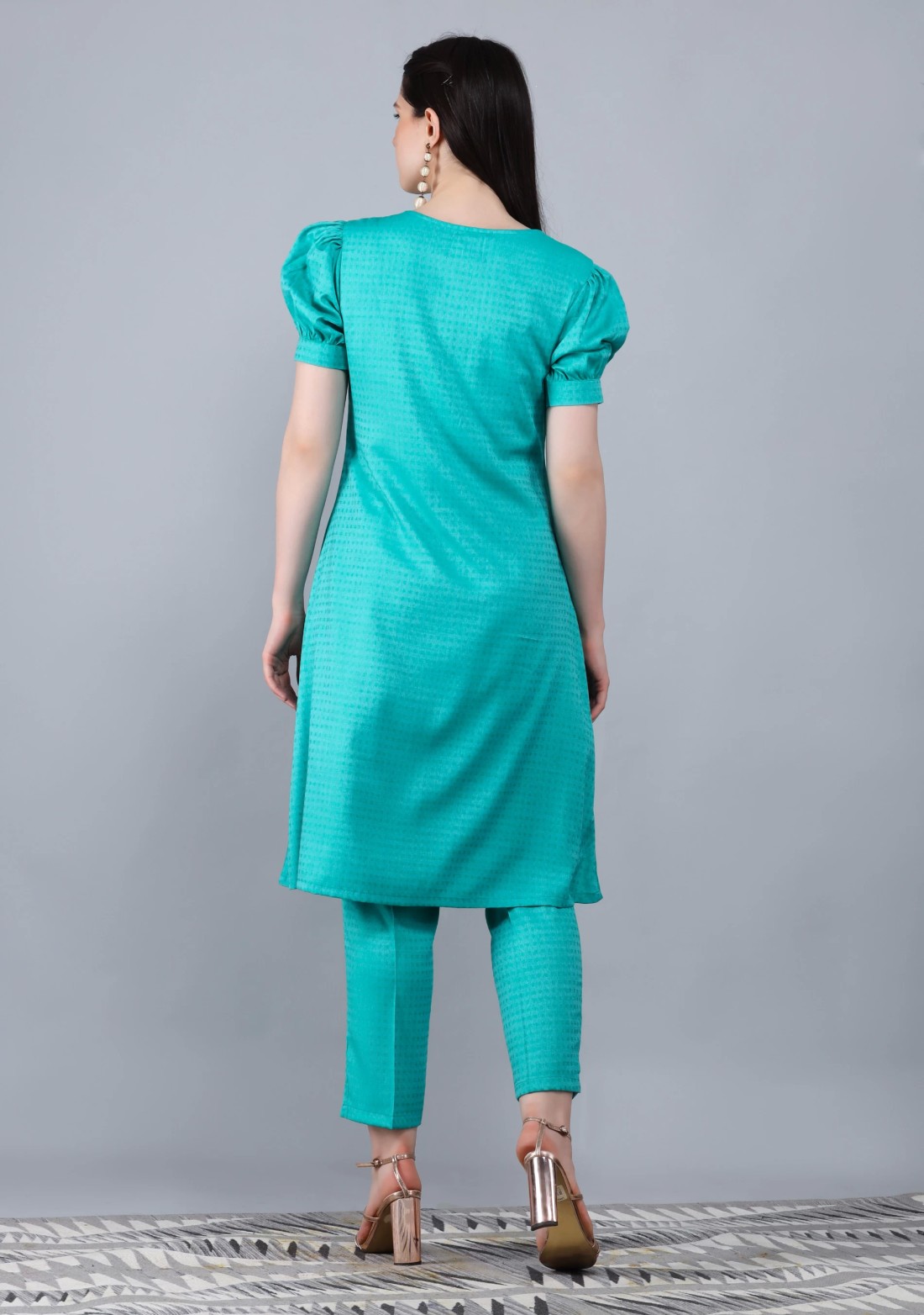 Turquoise Dobby Rayon A-Line Kurta Pant Co-Ord Set