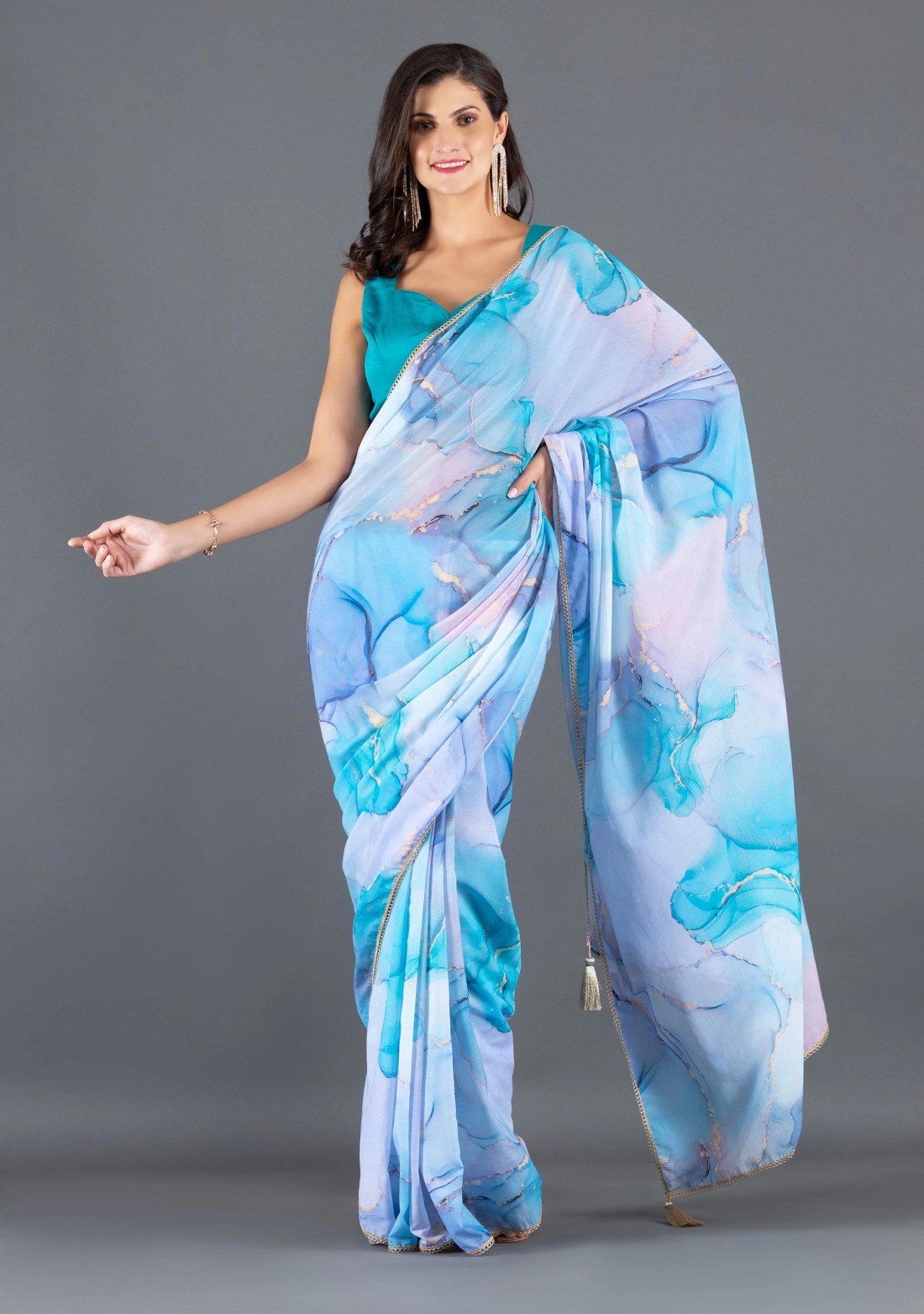 Turquoise Blue Marble print Chiffon Saree With Unstitched Blouse