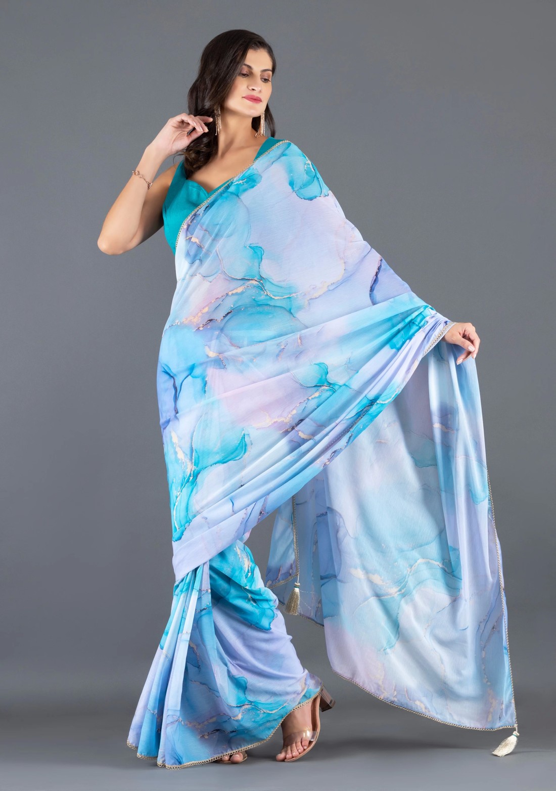 Turquoise Blue Marble print Chiffon Saree With Unstitched Blouse