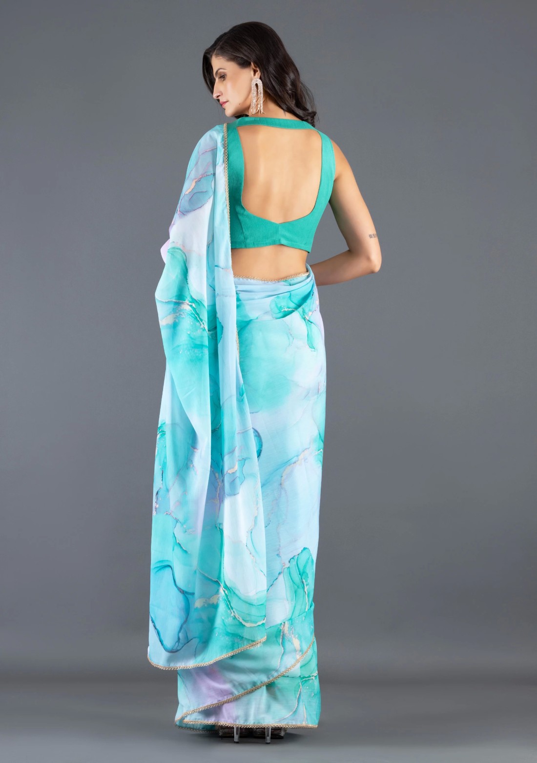 Sea Green Marble print Chiffon Saree With Unstitched Blouse