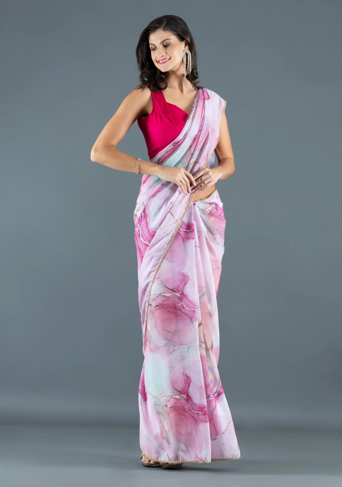 Pink Marble print Chiffon Saree With Unstitched Blouse