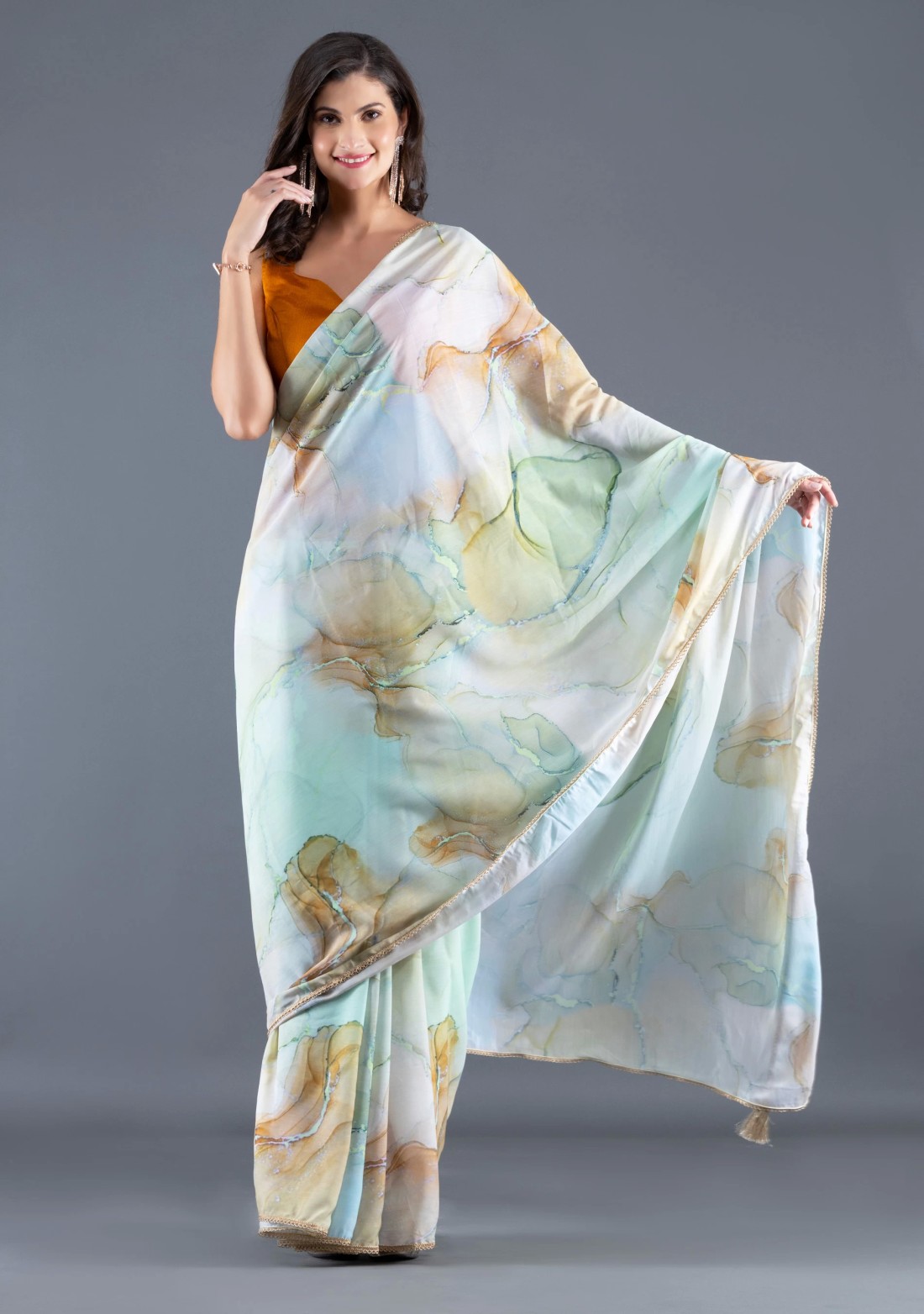Mustard Marble print Chiffon Saree With Unstitched Blouse