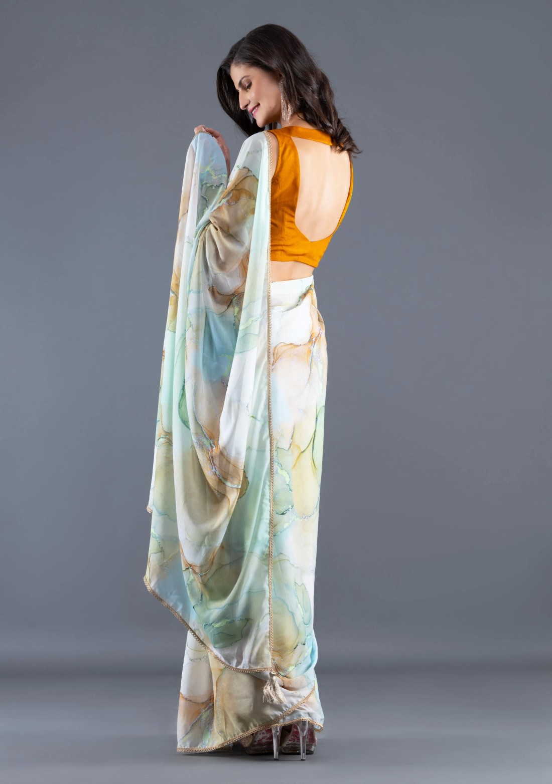 Mustard Marble print Chiffon Saree With Unstitched Blouse
