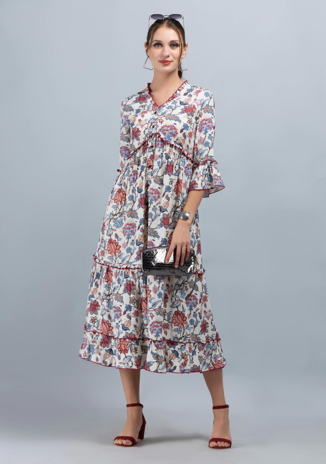 Multi-Colour Oriental Floral Printed Off-White Rayon Tier Dress